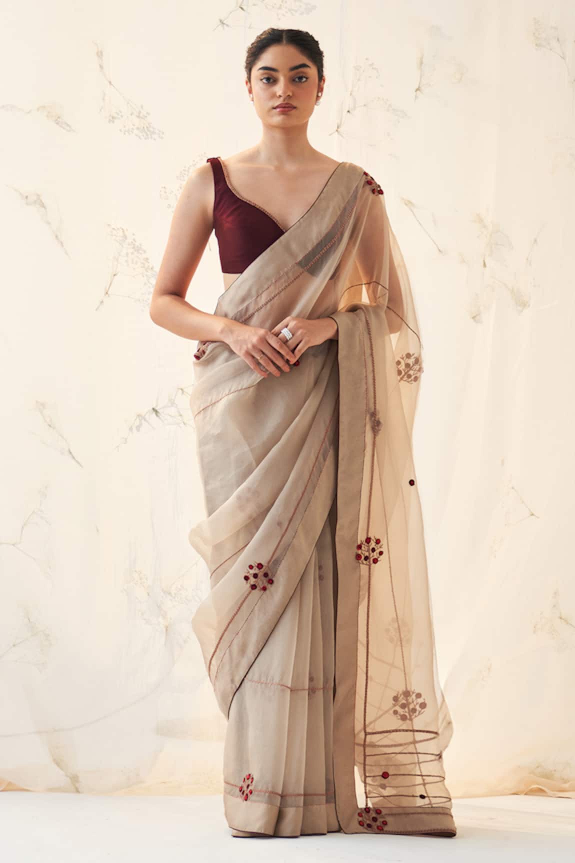 JANKI INDIA Champagne Gold Organza Saree Set 