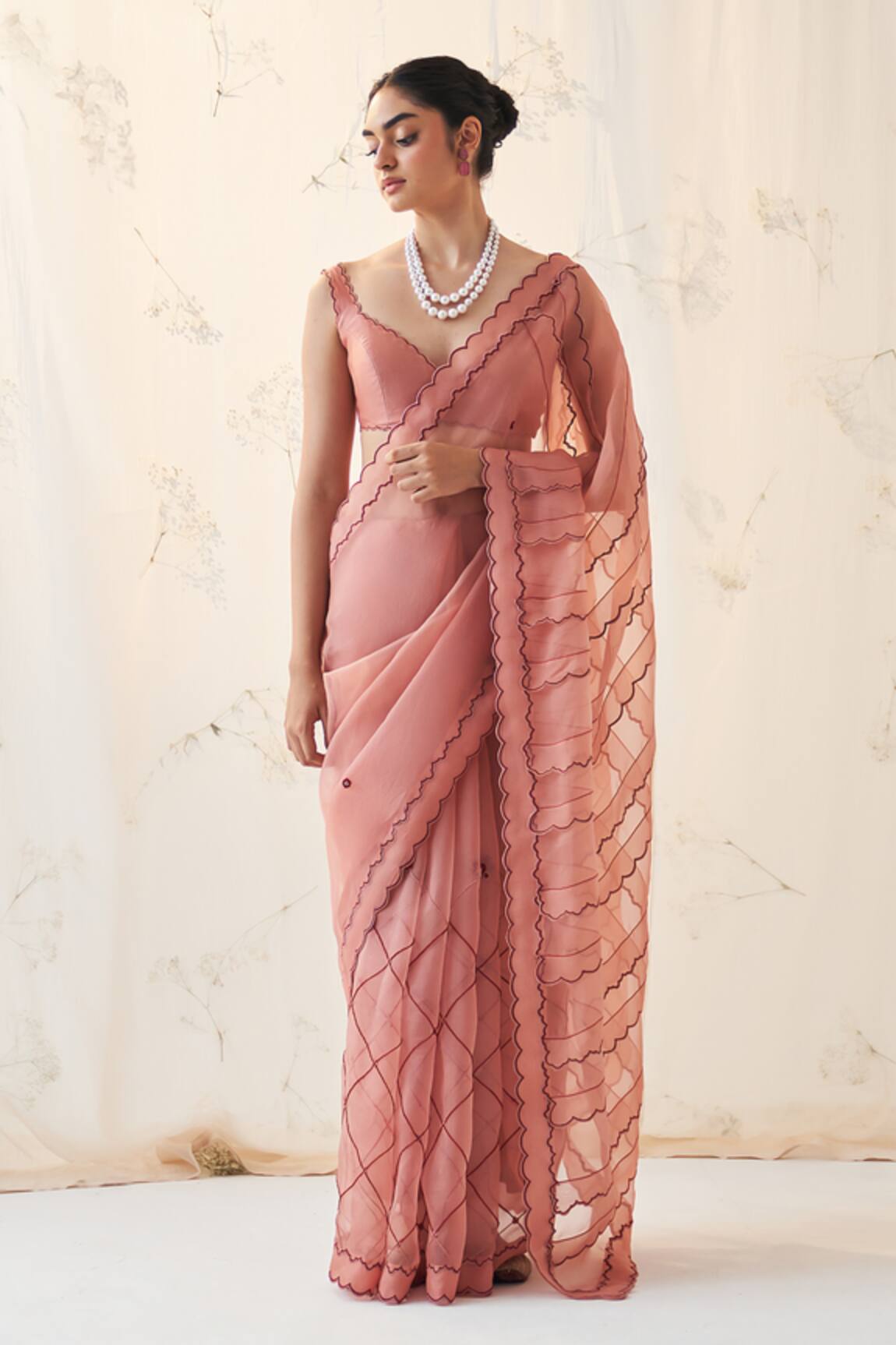JANKI INDIA Peach Organza Saree with Chanderi Blouse 