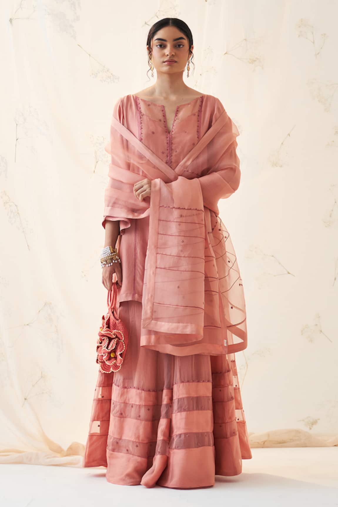 JANKI INDIA Peach Chiffon Kurta Sharara Set 