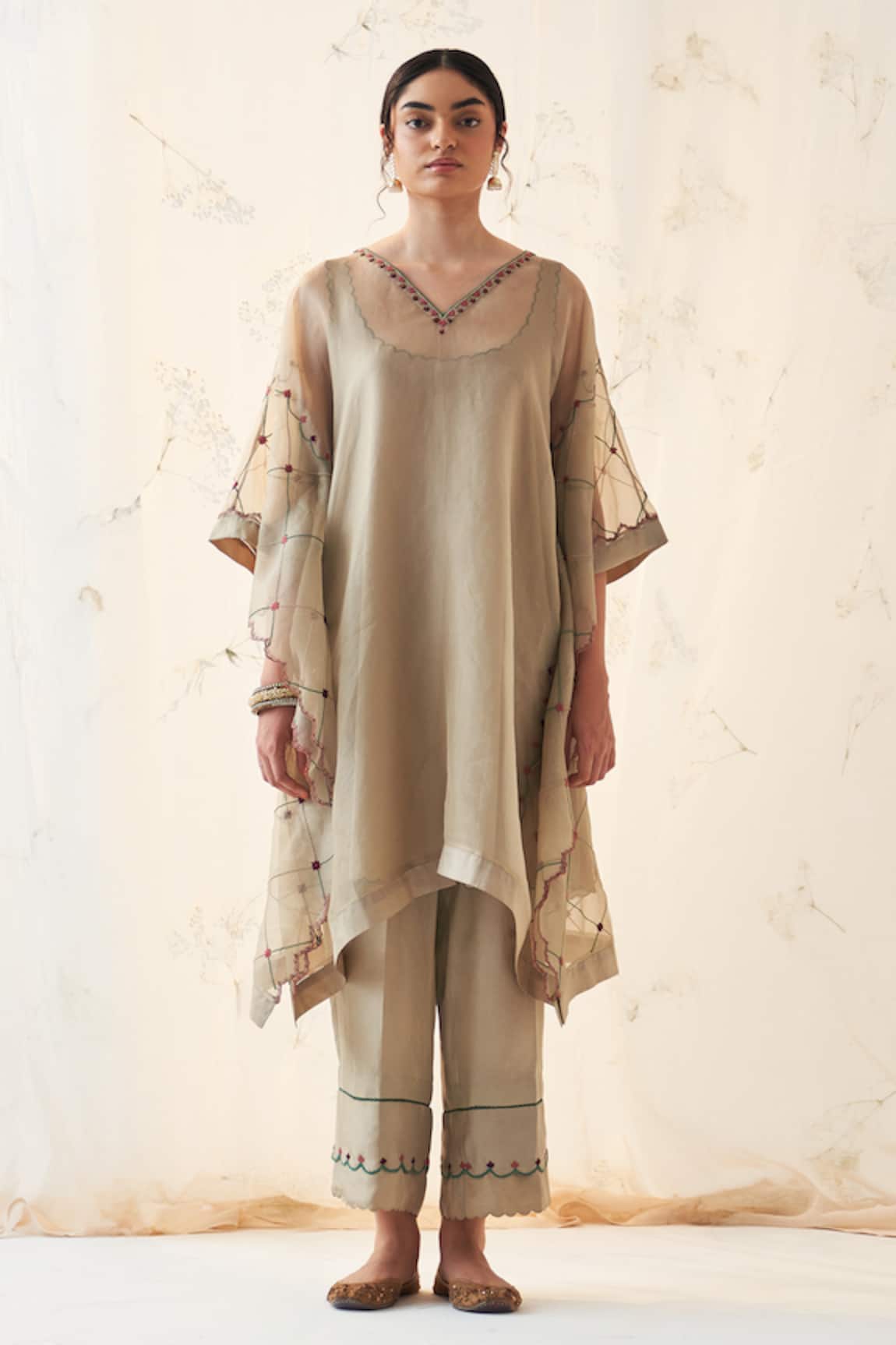 JANKI INDIA Olive Organza Embroidered Kaftan Set 