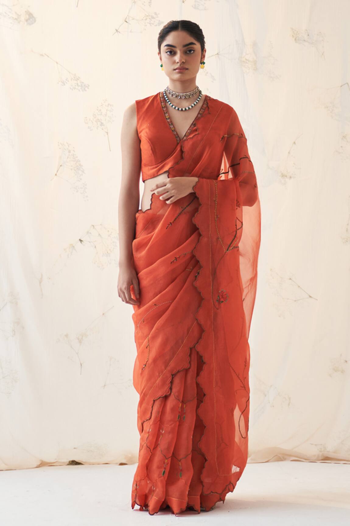 JANKI INDIA Orange Organza Saree with Chanderi Blouse 