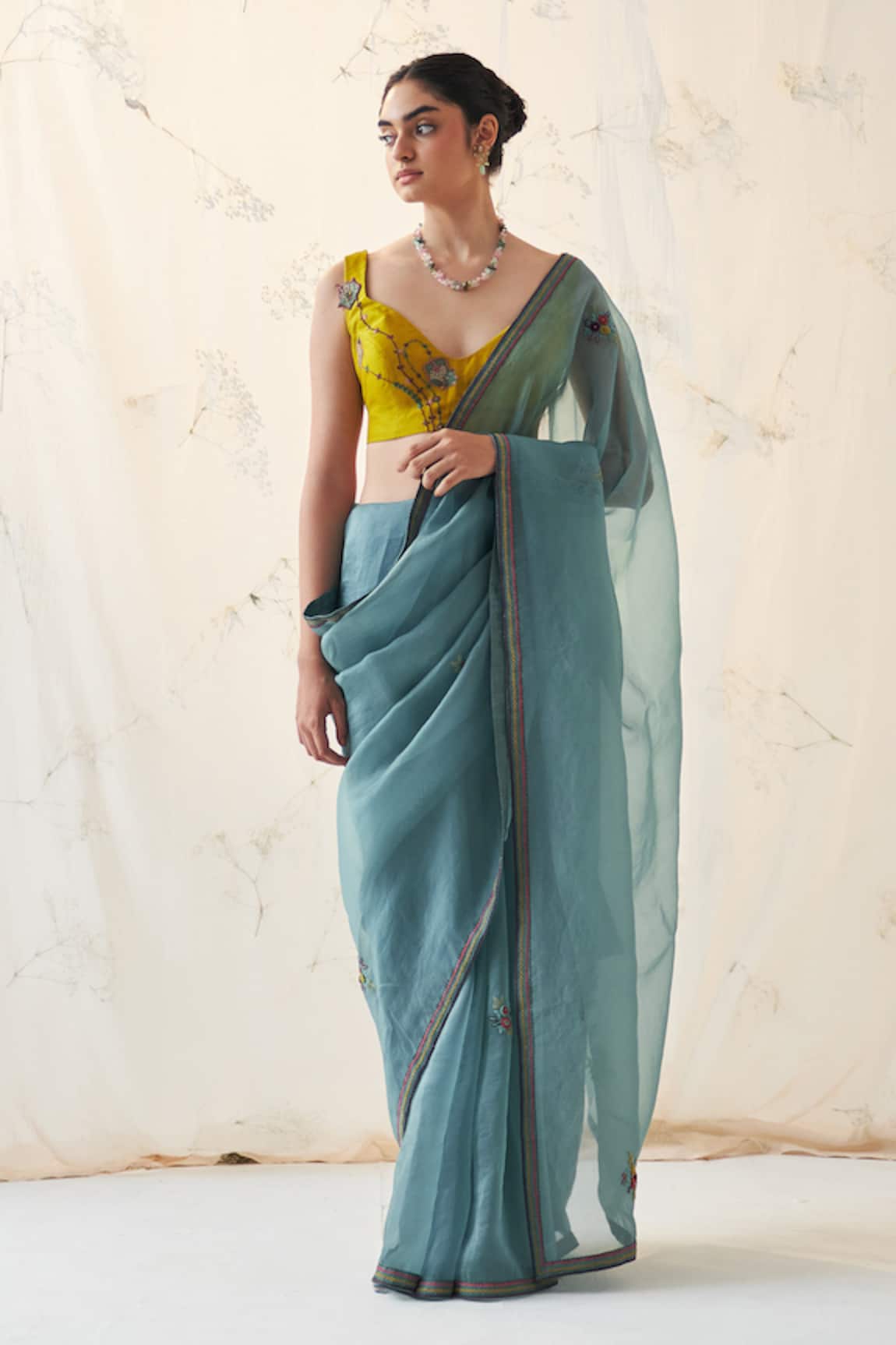 JANKI INDIA Teal Embroidered Organza Saree Set 