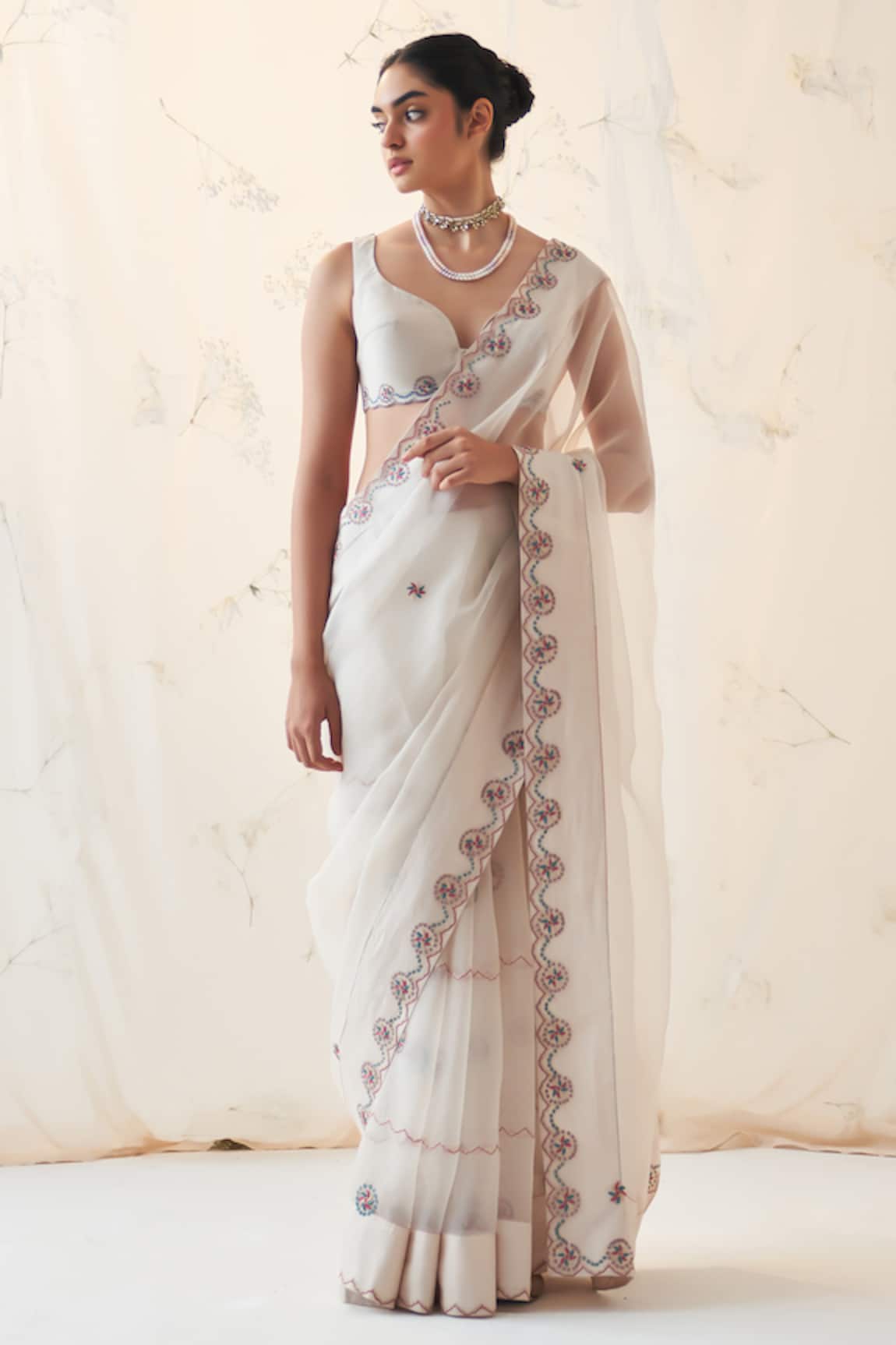 JANKI INDIA Ivory Embroidered Organza Saree Set 