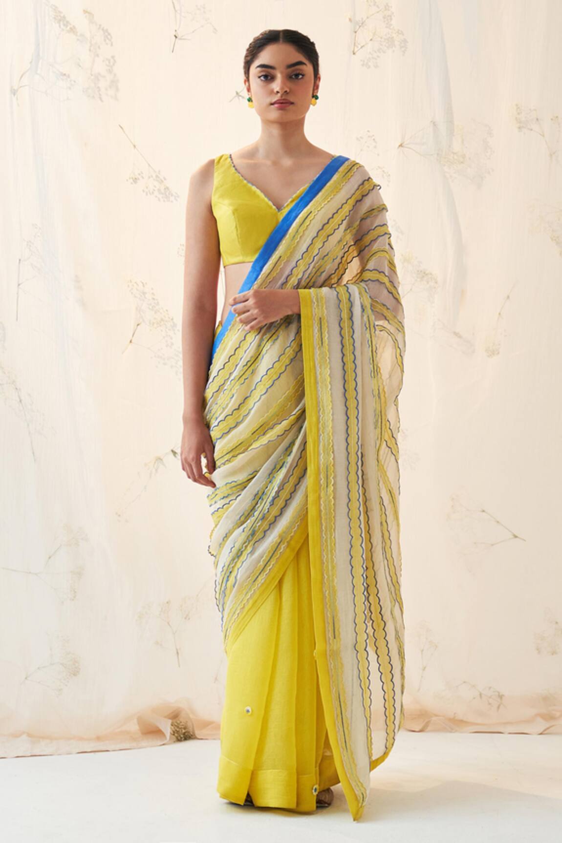 JANKI INDIA Ivory Yellow Chanderi Saree Set 