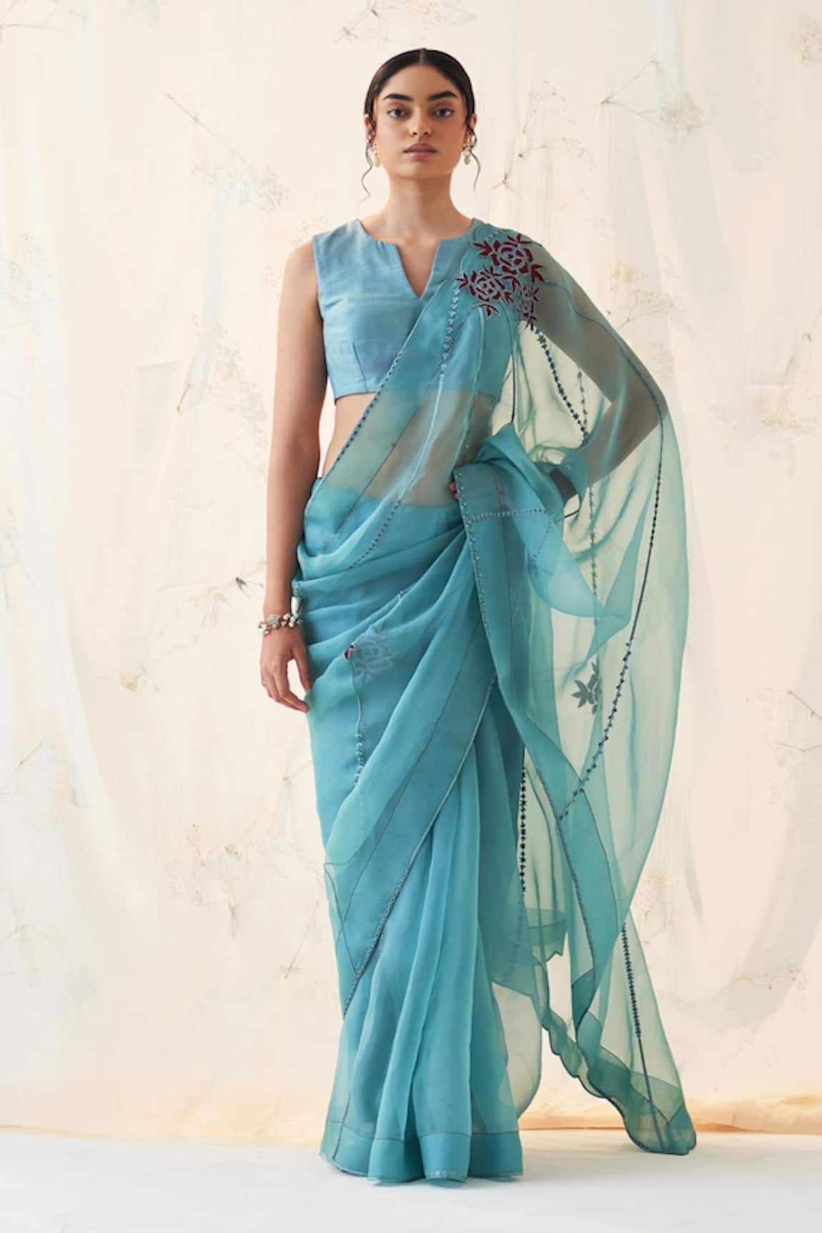 JANKI INDIA Teal Embroidered Organza Saree Set 