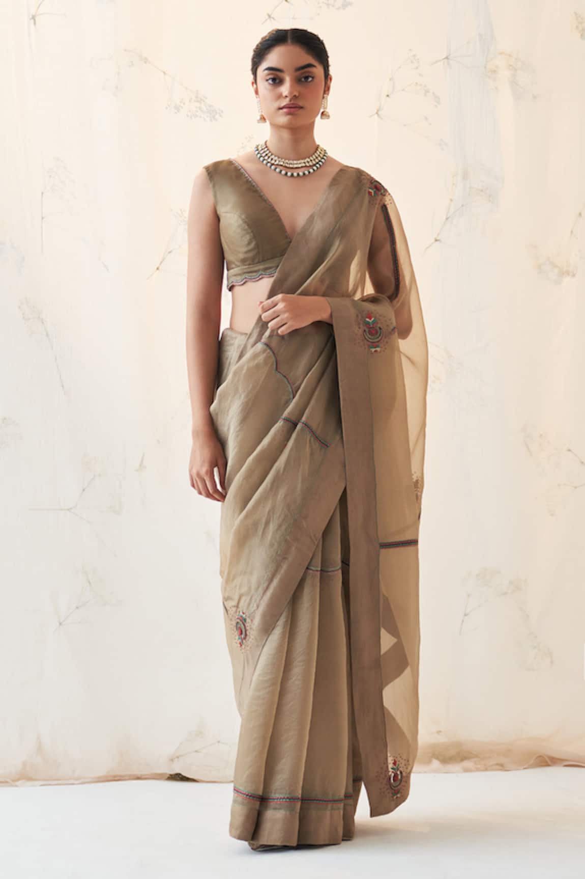 JANKI INDIA Champagne Organza Saree with Blouse 