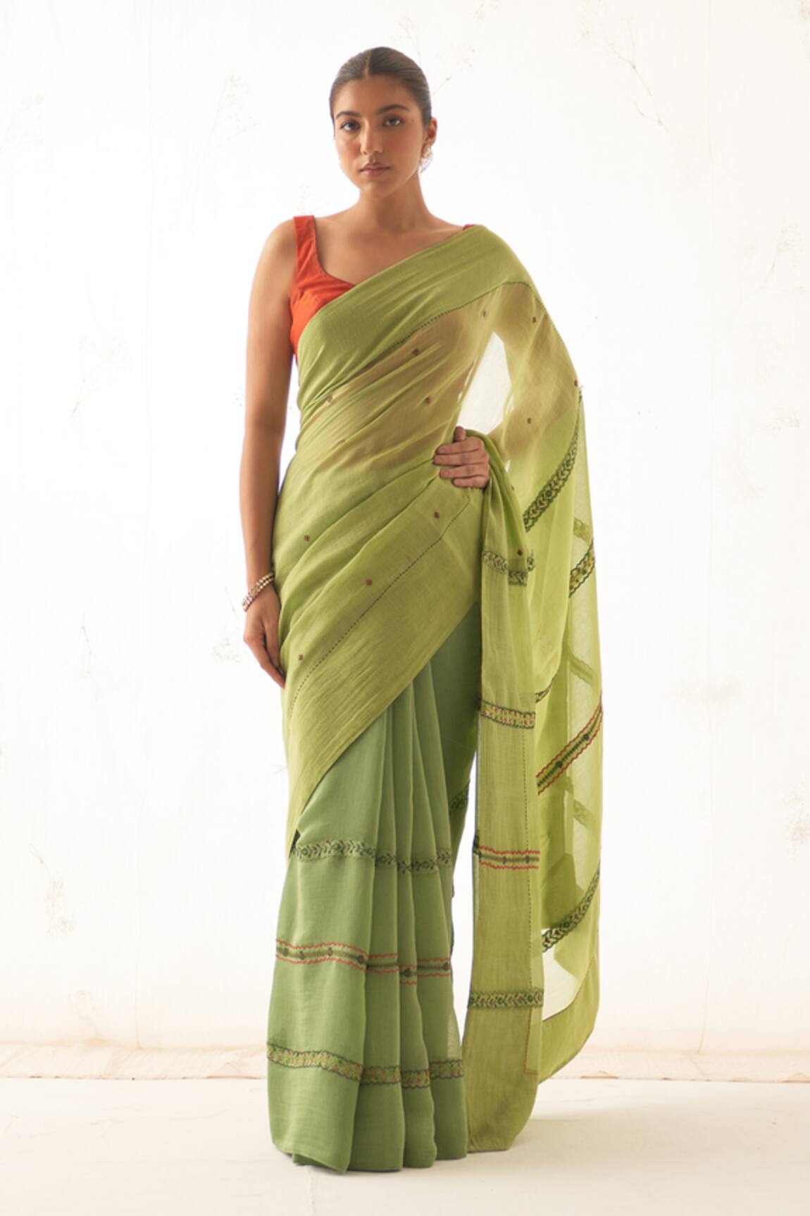 JANKI INDIA Green Chanderi Saree Set 