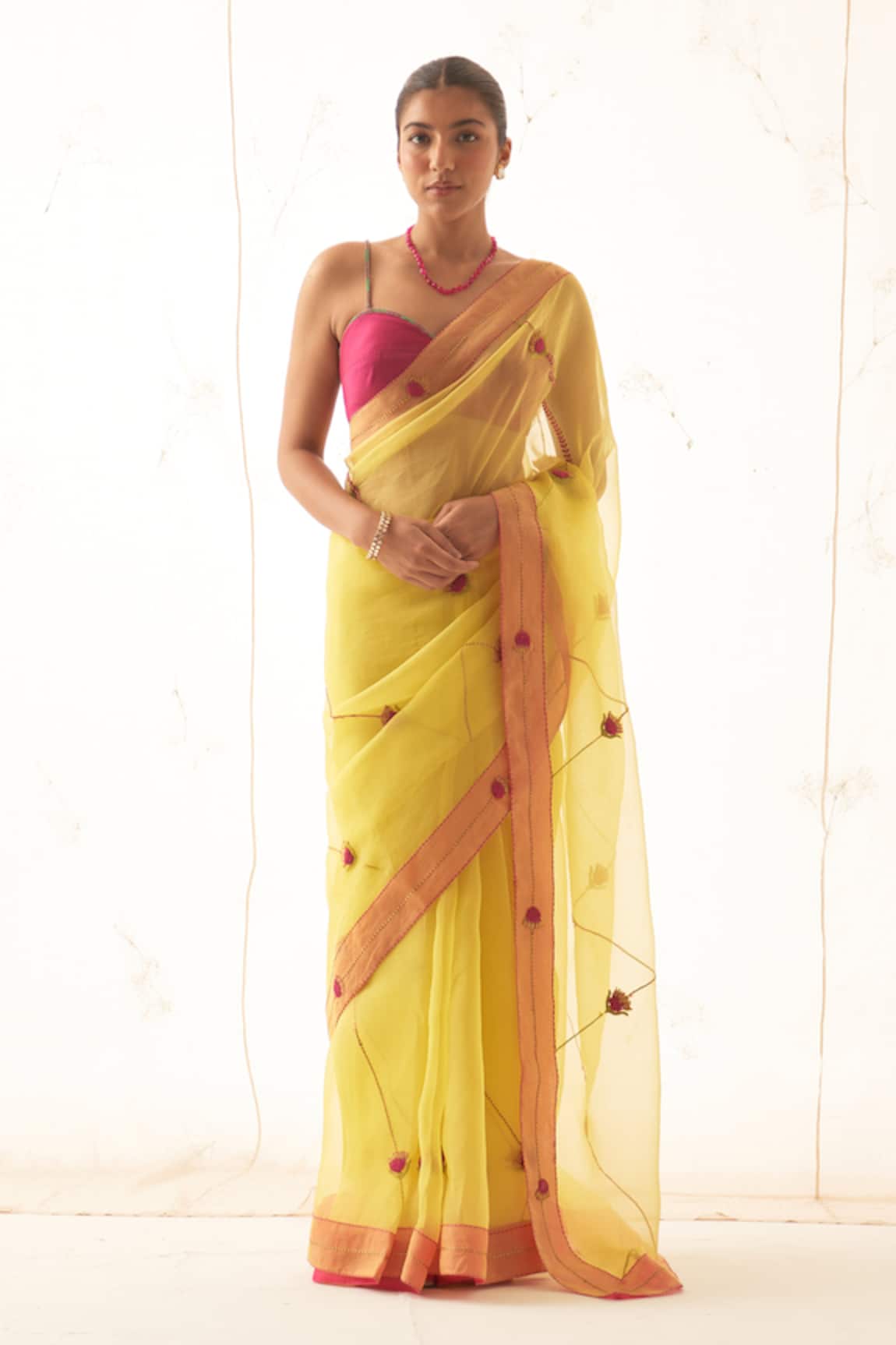JANKI INDIA Yellow Organza Saree Set with Blouse 