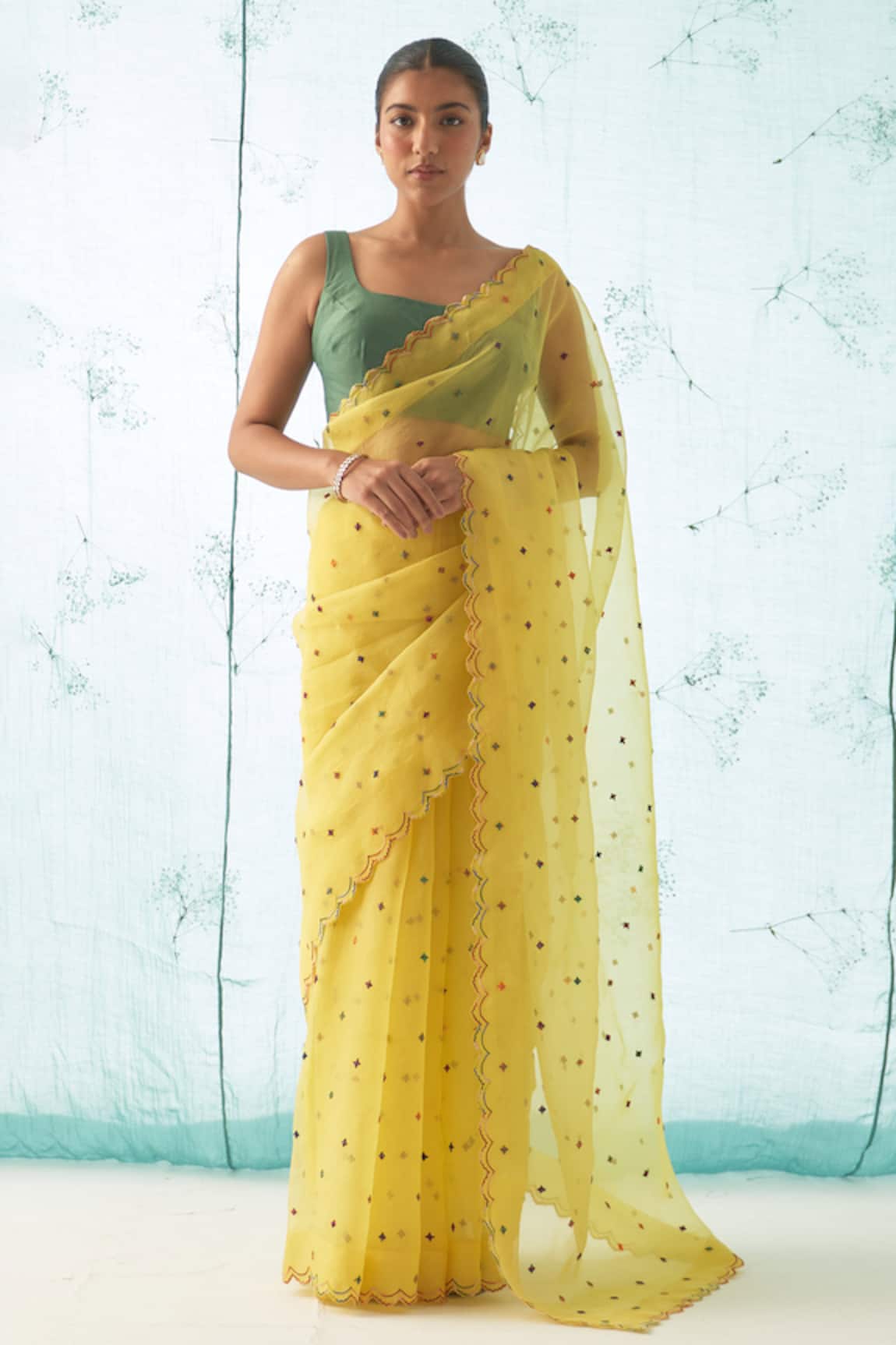 JANKI INDIA Yellow Organza Saree Set with Scallop Border 