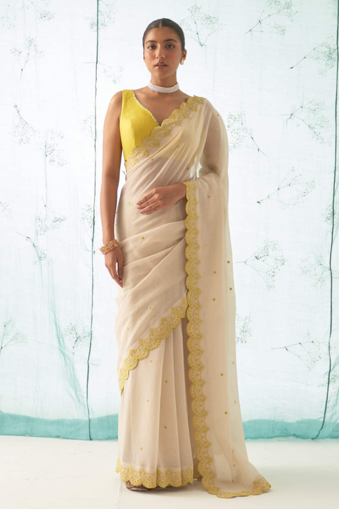 JANKI INDIA Ivory Chanderi Saree Set with Yellow Border 