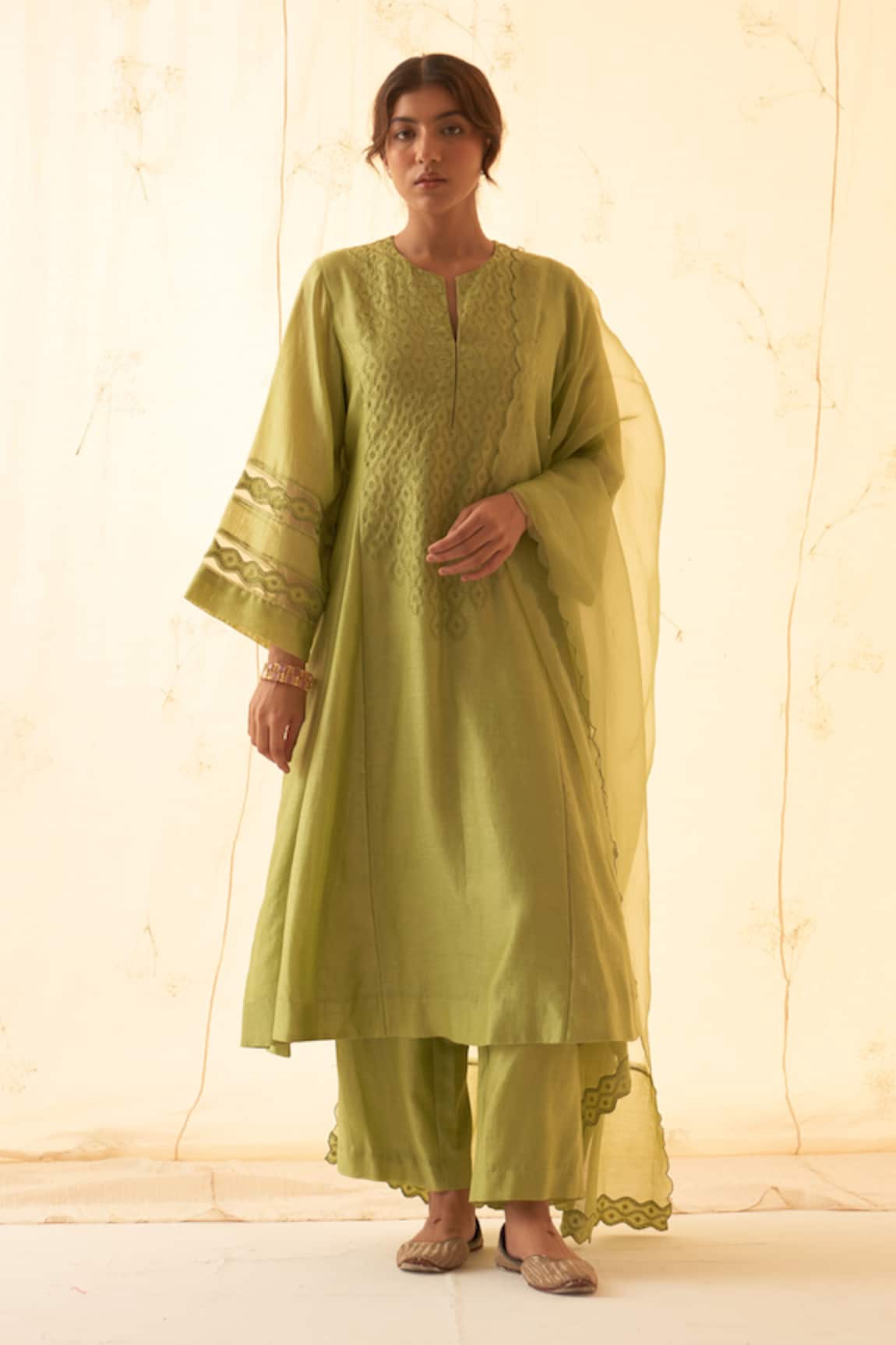 JANKI INDIA Lime Green Embroidered Kurta Set 