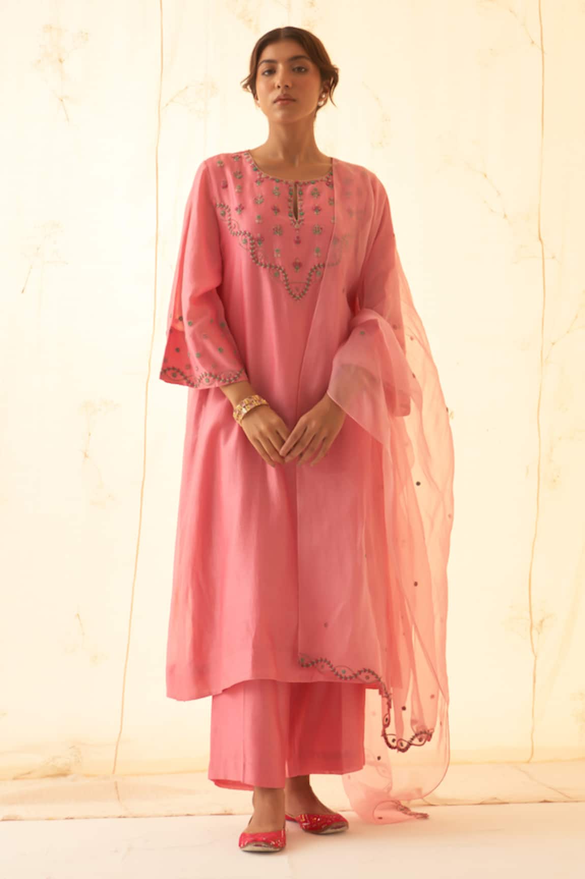 JANKI INDIA Pink Multicolour Embroidered Kurta Set 