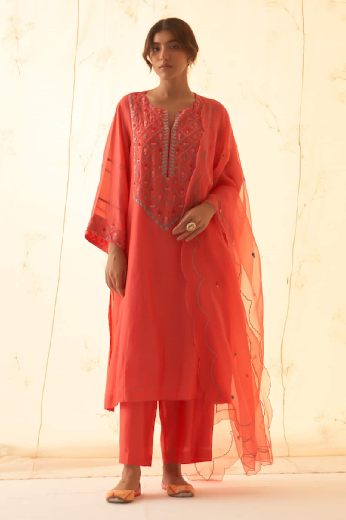 JANKI INDIA Coral Embroidered Kurta Set 