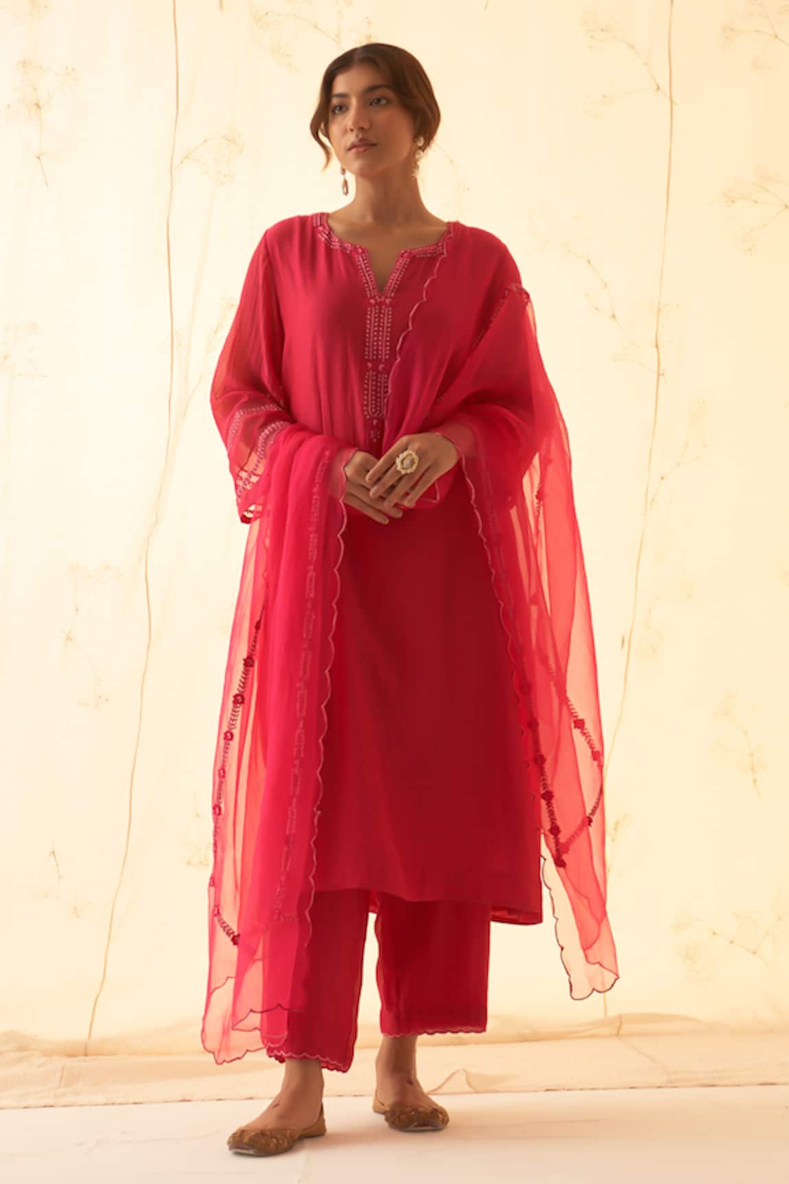 JANKI INDIA Fuchsia Embroidered Kurta Pant Dupatta Set 