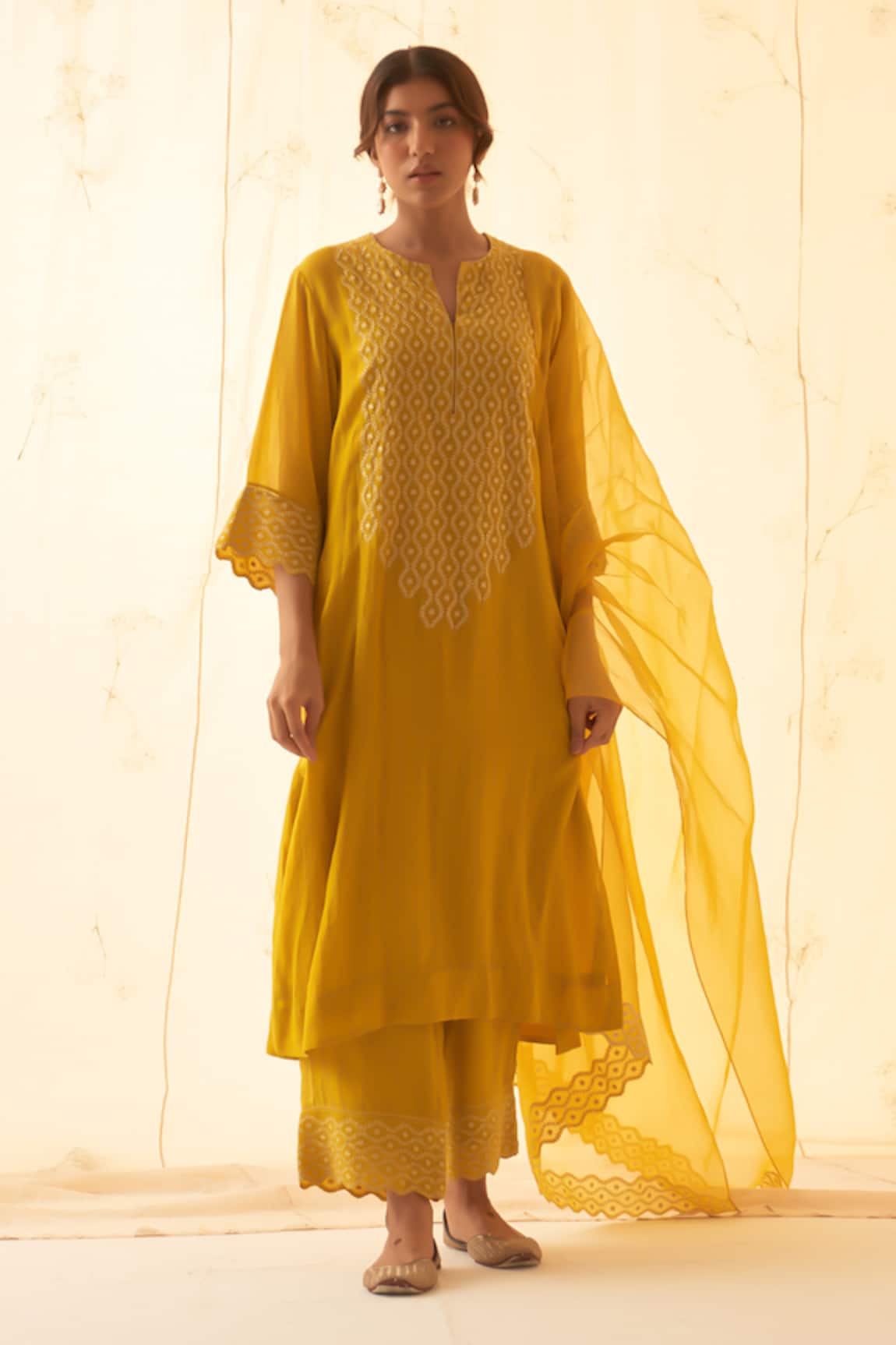 JANKI INDIA Yellow Tonal Embroidery Kurta Set 