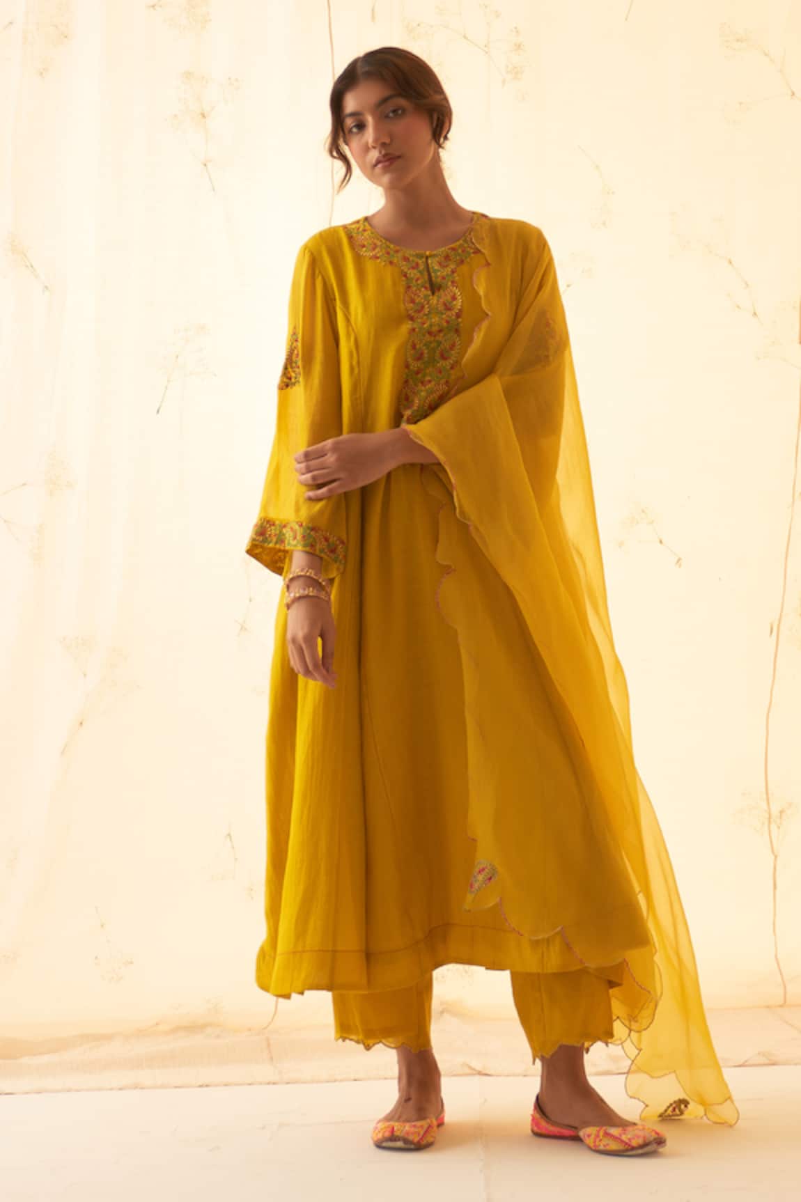 JANKI INDIA Yellow Multicolour Embroidered Kurta Set 