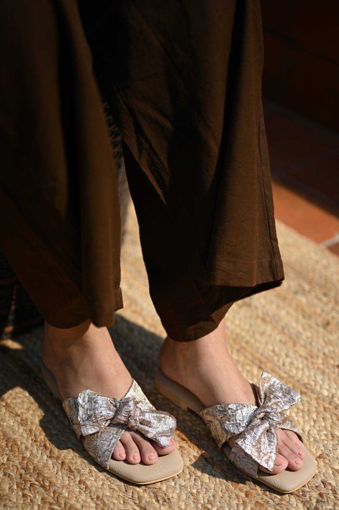 Miraki Champagne Gold Bow Slide-In Flats 