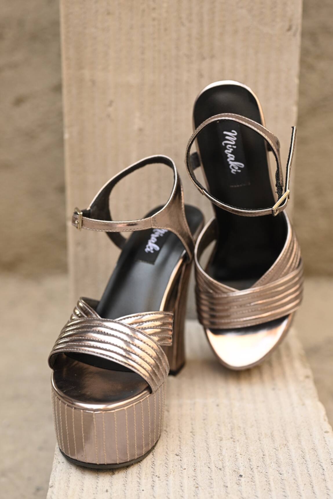 Miraki Silver Block Heels With Stitching Details 