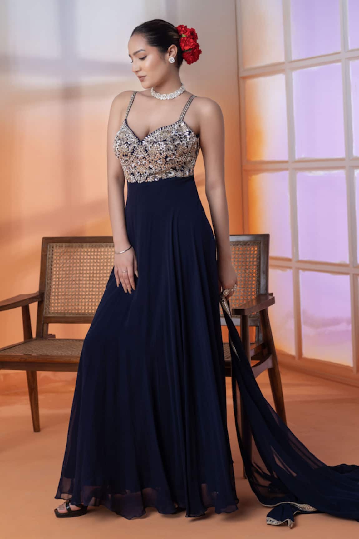 RAJ ARORA Navy Georgette Mirror Anarkali Set 