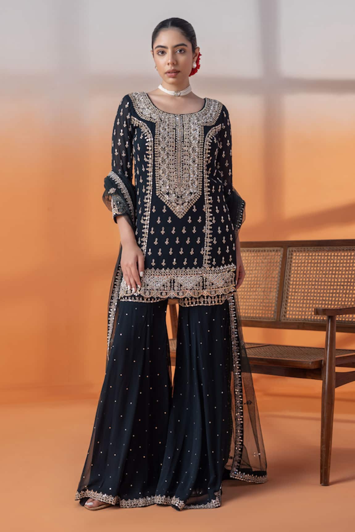 RAJ ARORA Navy Kundan & Mirror Embellished Kurta Set 