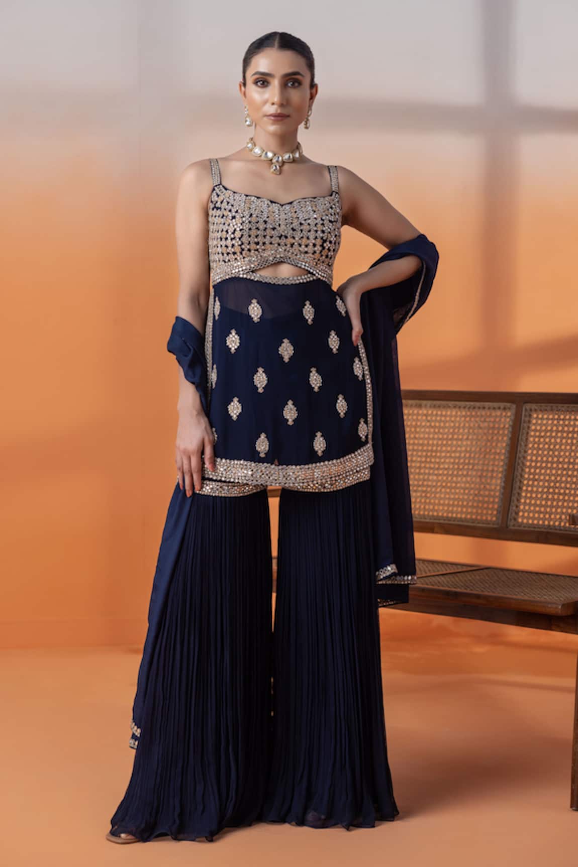 RAJ ARORA Navy Georgette Kundan Embellished Sharara Set 