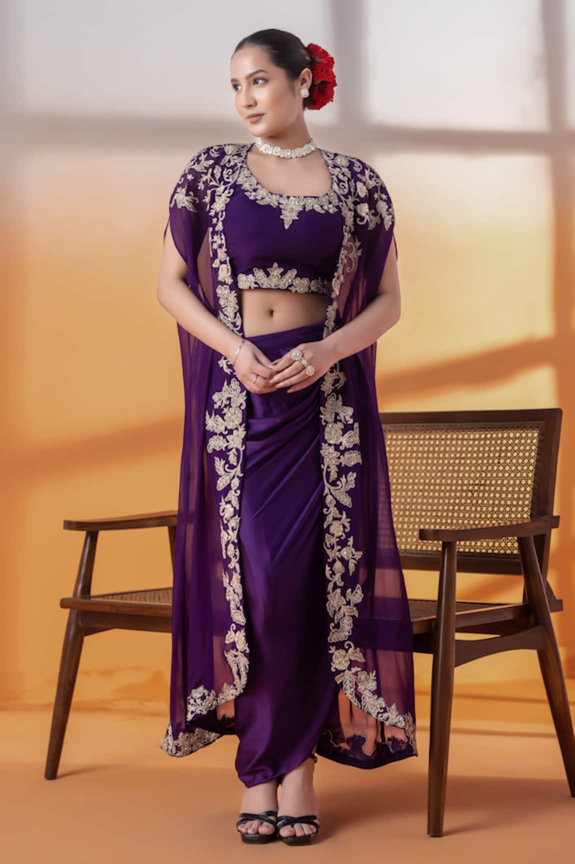 RAJ ARORA Purple Crepe & Organza Embellished Set 