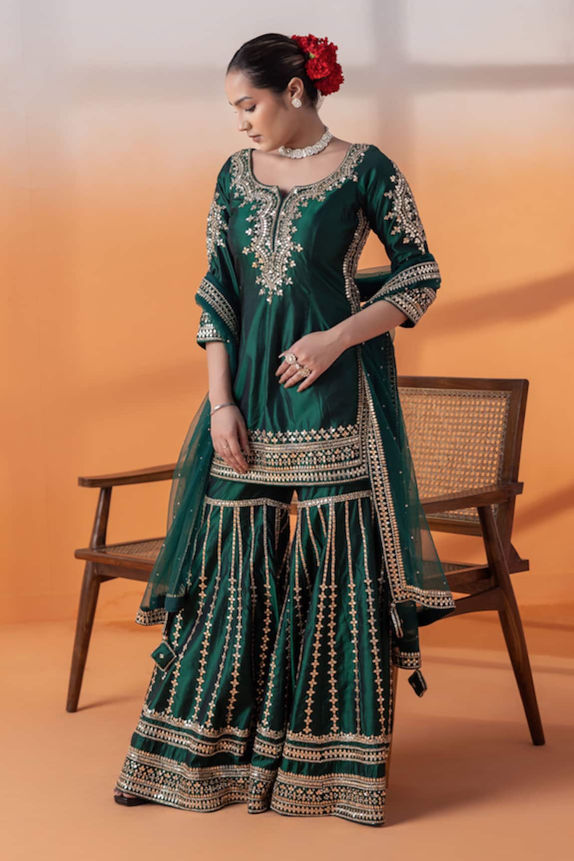 RAJ ARORA Bottle Green Silk Applique & Cutdana Kurta Set 