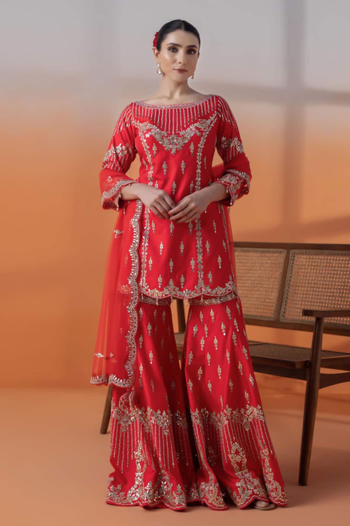 RAJ ARORA Red Silk Gharara Set with Dupatta 