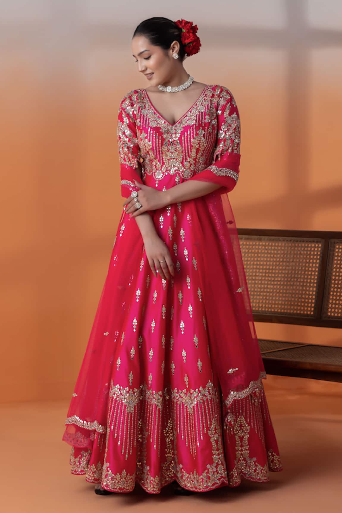 RAJ ARORA Hot Pink Silk Gota Patti Anarkali Set 