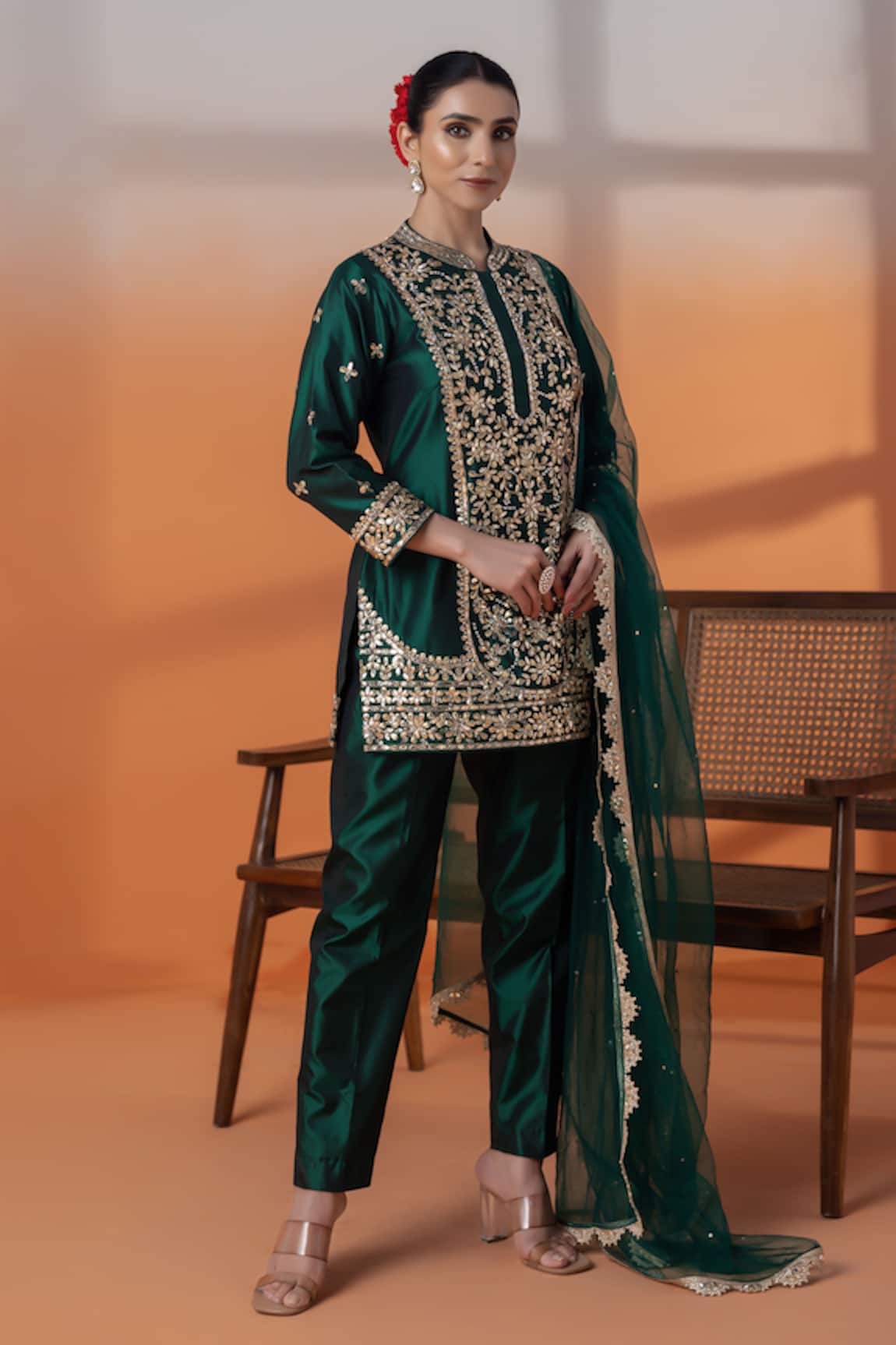 RAJ ARORA Bottle Green Silk Kurta Set 
