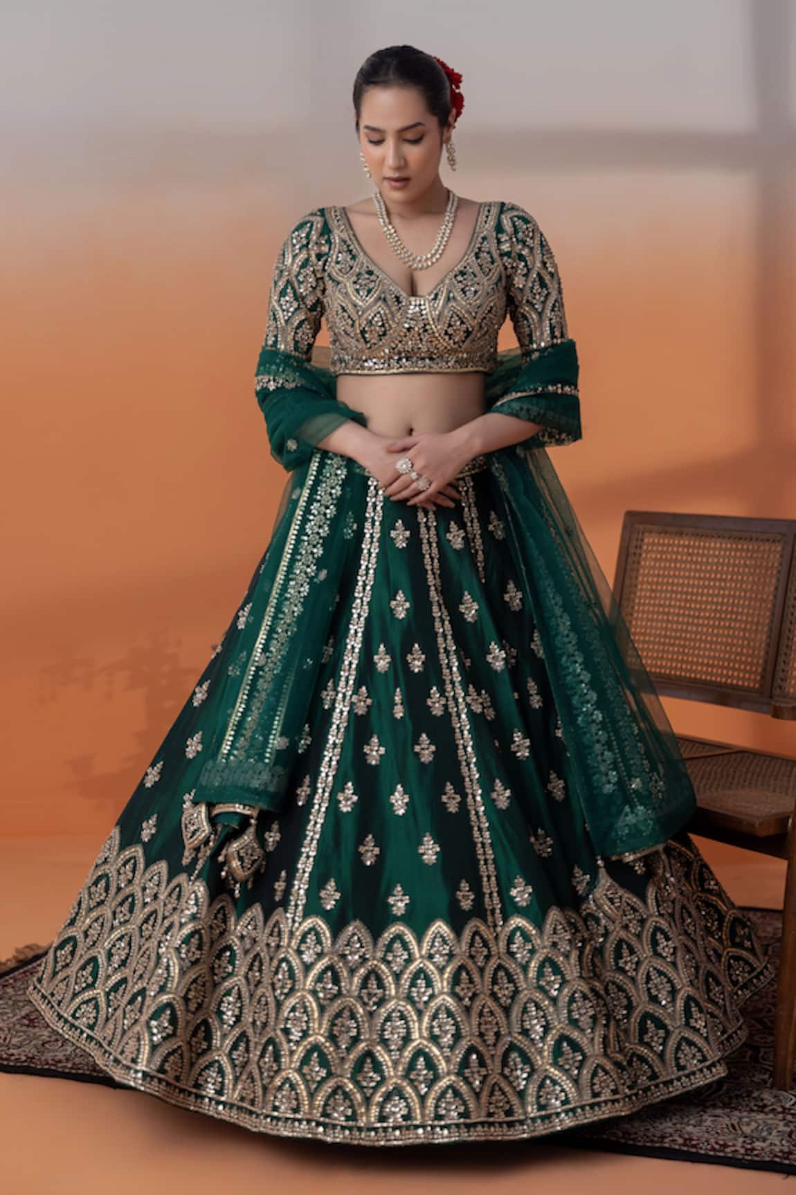RAJ ARORA Bottle Green Embellished Lehenga Set 