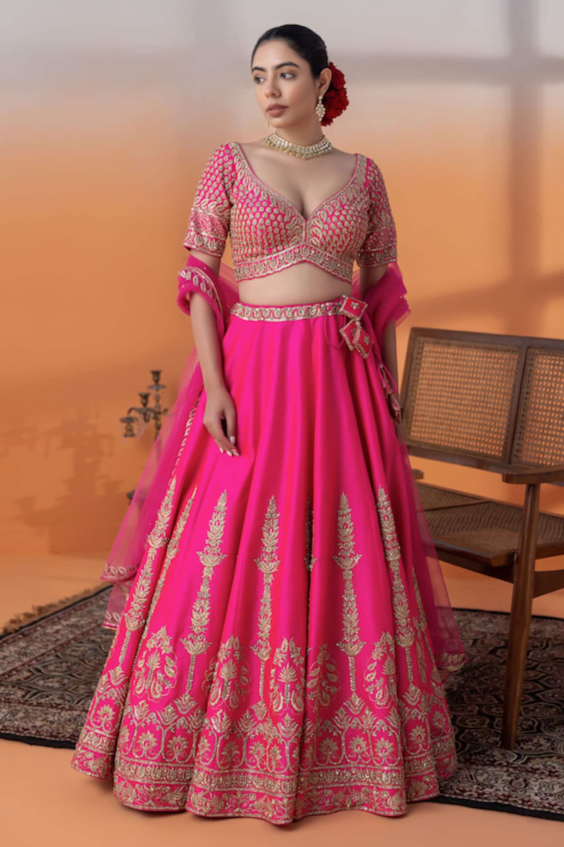 RAJ ARORA Hot Pink Zari & Crystal Embellished Set 