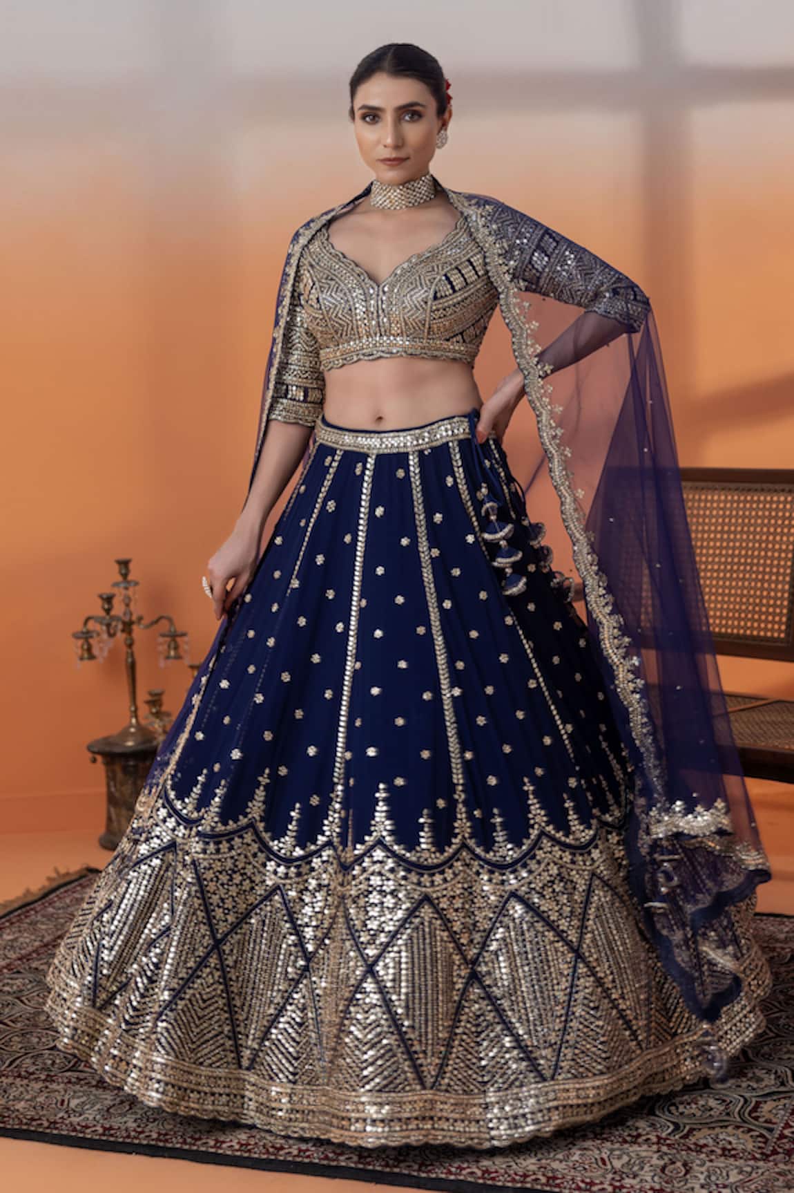 RAJ ARORA Navy Applique & Cut Dana Embellished Lehenga Set 
