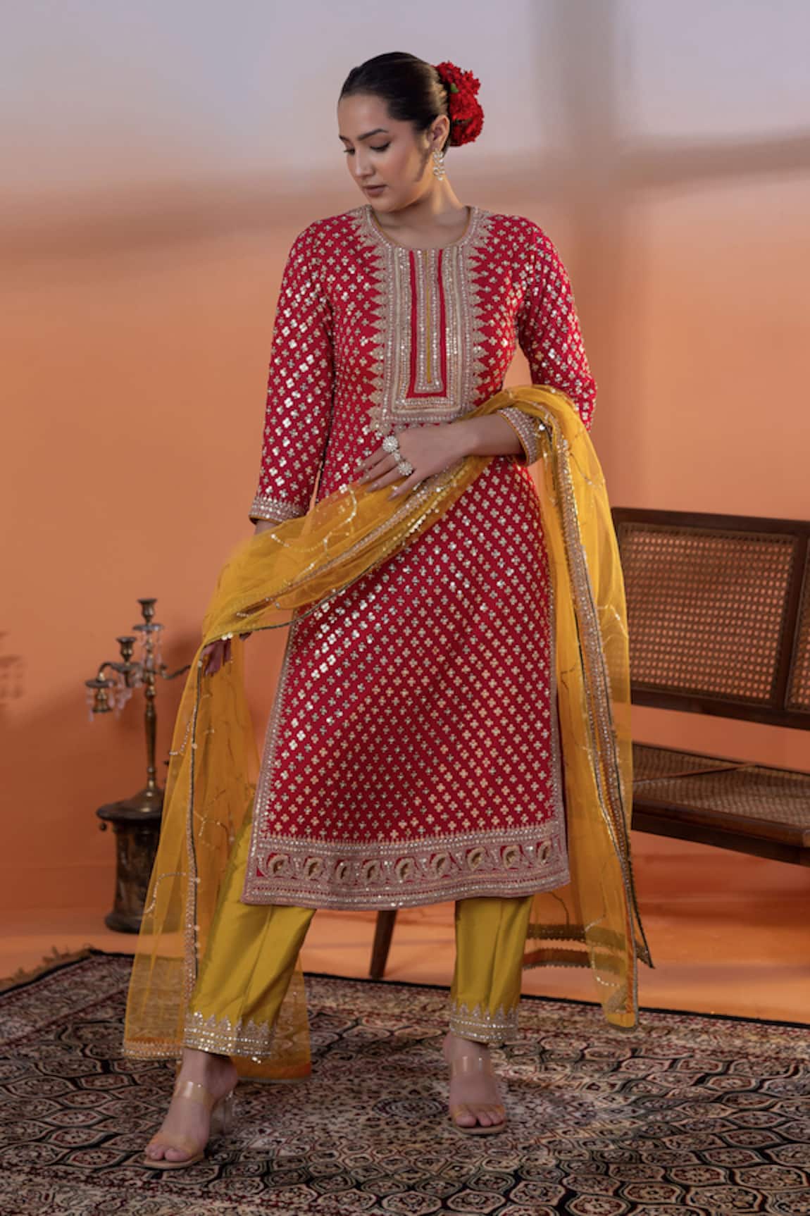 RAJ ARORA Magenta & Mustard Applique Kurta Set 
