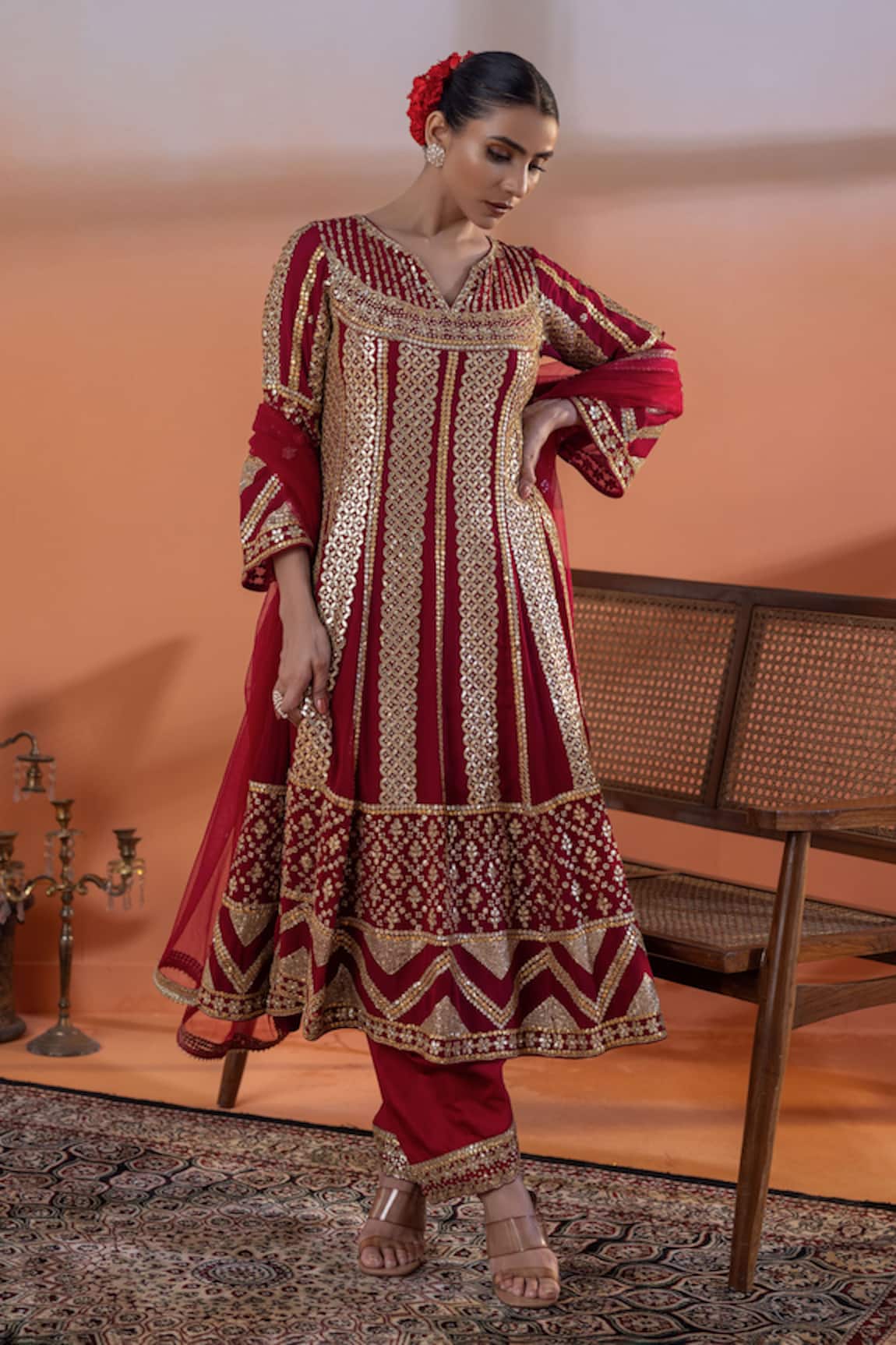 RAJ ARORA Red Dori & Gota Embellished Kurta Set 