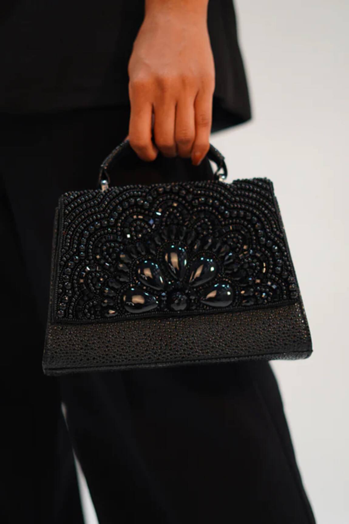 Vaidaan Black Faux Leather Embellished Clutch 