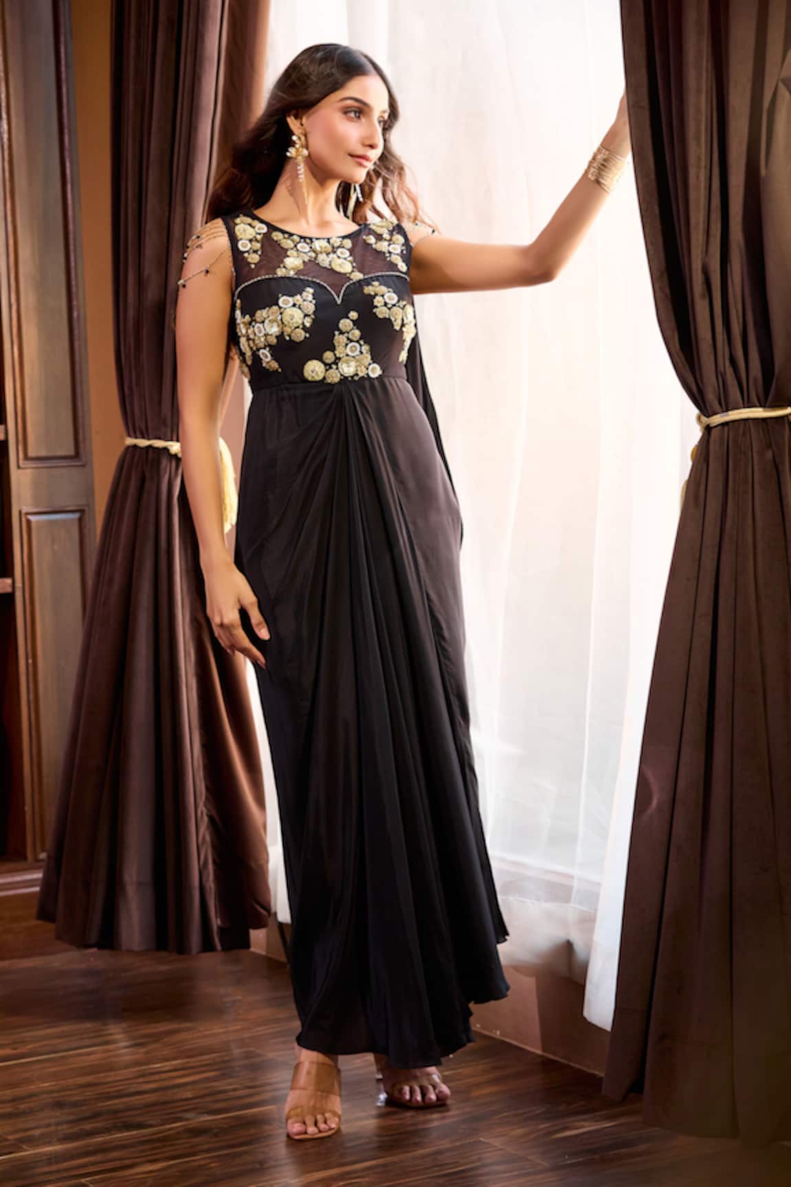 Aariyana Couture Black Hand Embroidered Saree Gown 