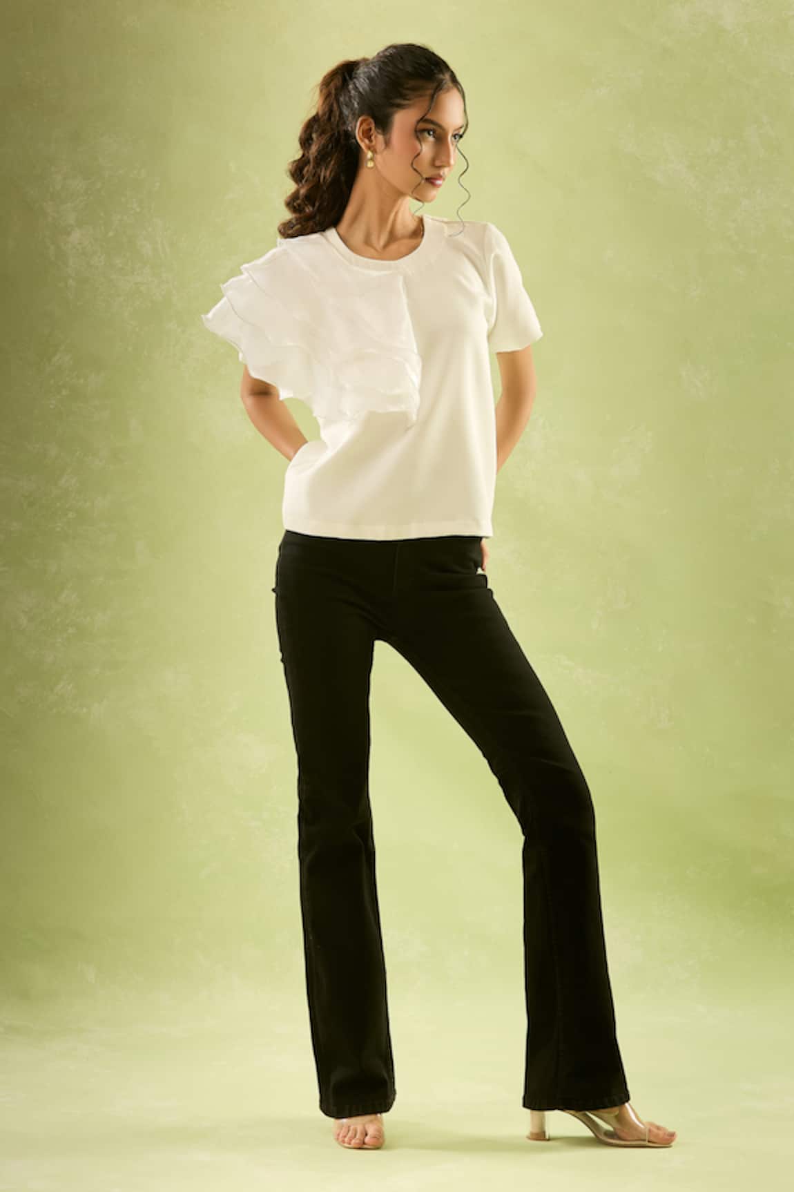 Samyukta Singhania White Asymmetric Ruffled Sleeve Top 