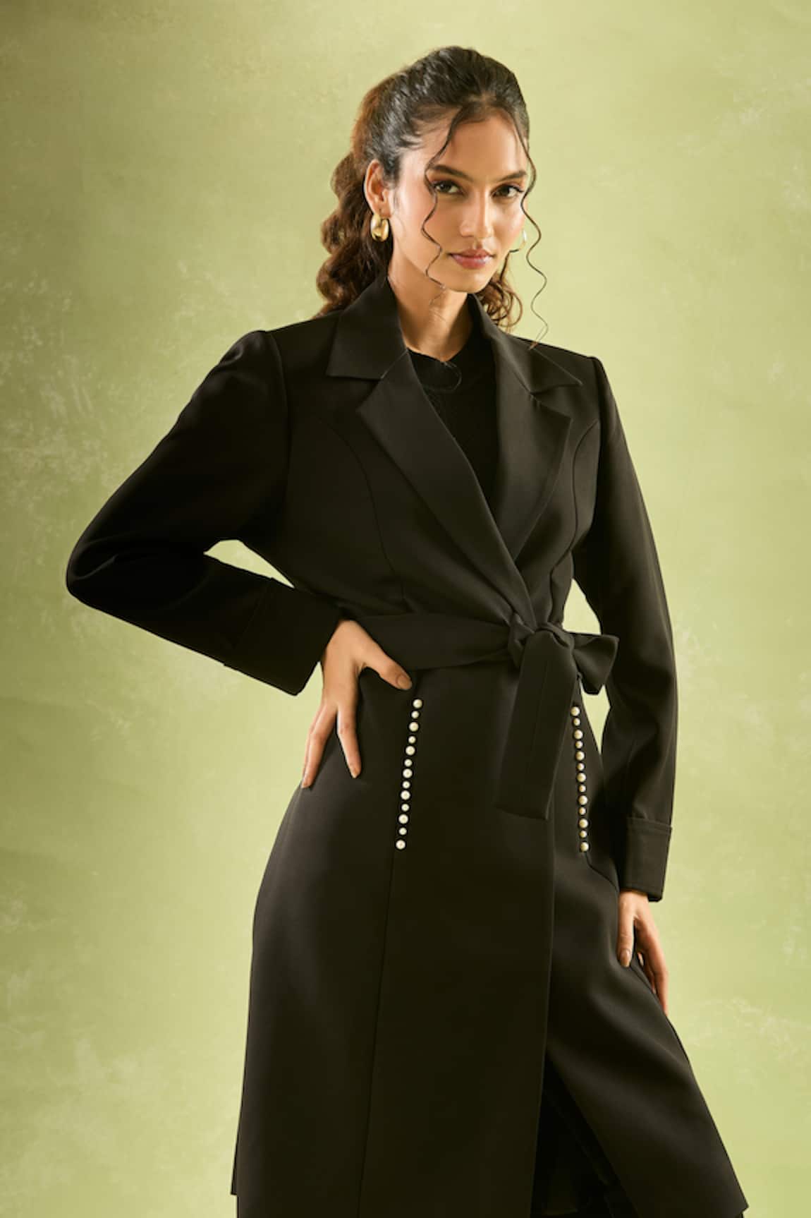 Samyukta Singhania Pearl Embellished Long Coat Jacket 