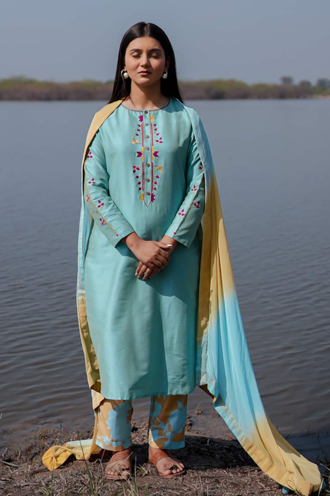 The Home Affair Designer Blue Kurta Set with Dupatta 