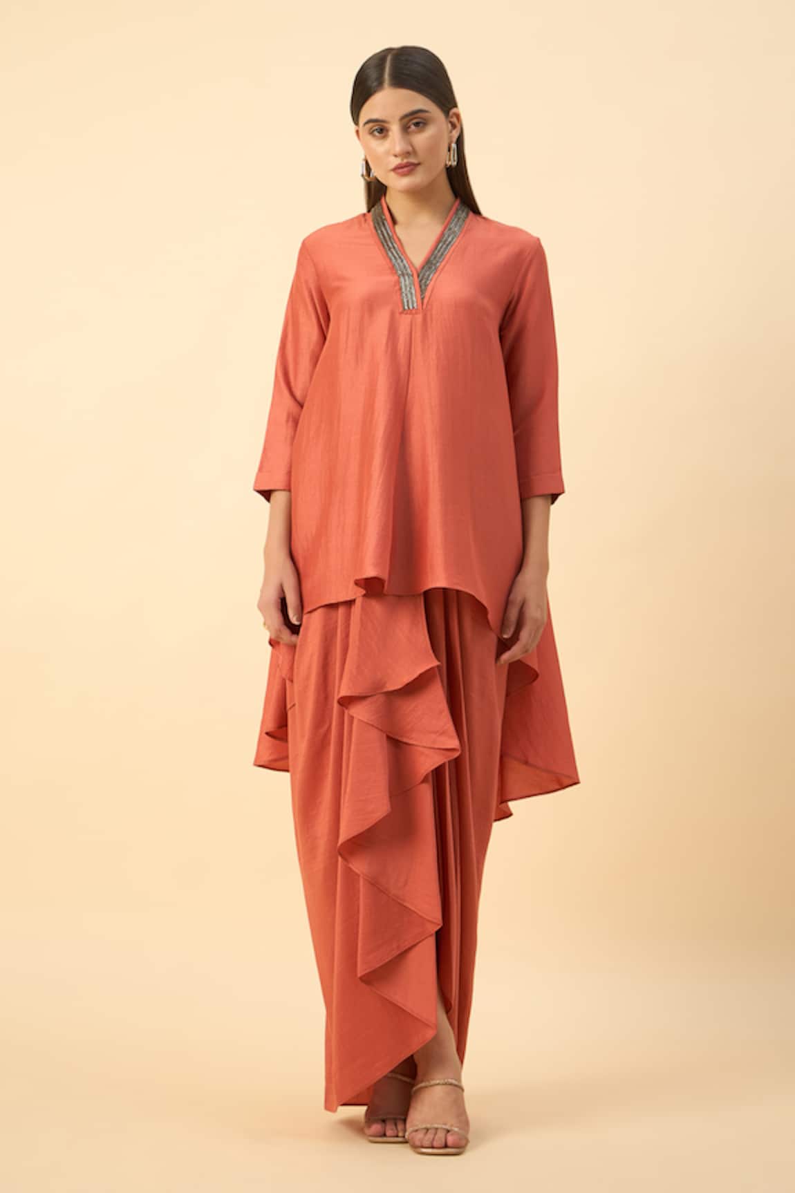 Aakaar Orange Cotton Silk Kurta Set 