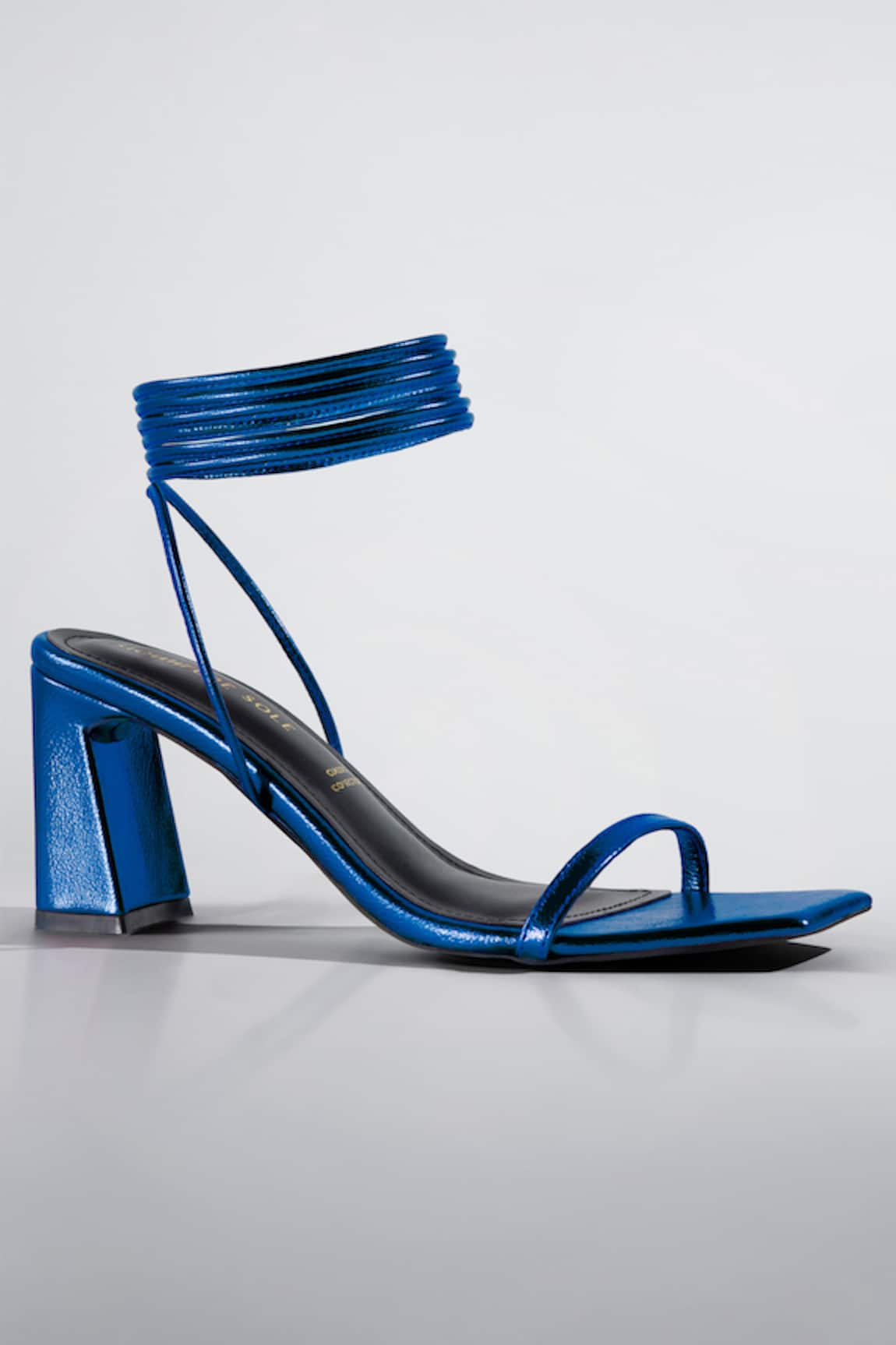 Signature Sole Electric Blue Metallic Wrap Block Heels 