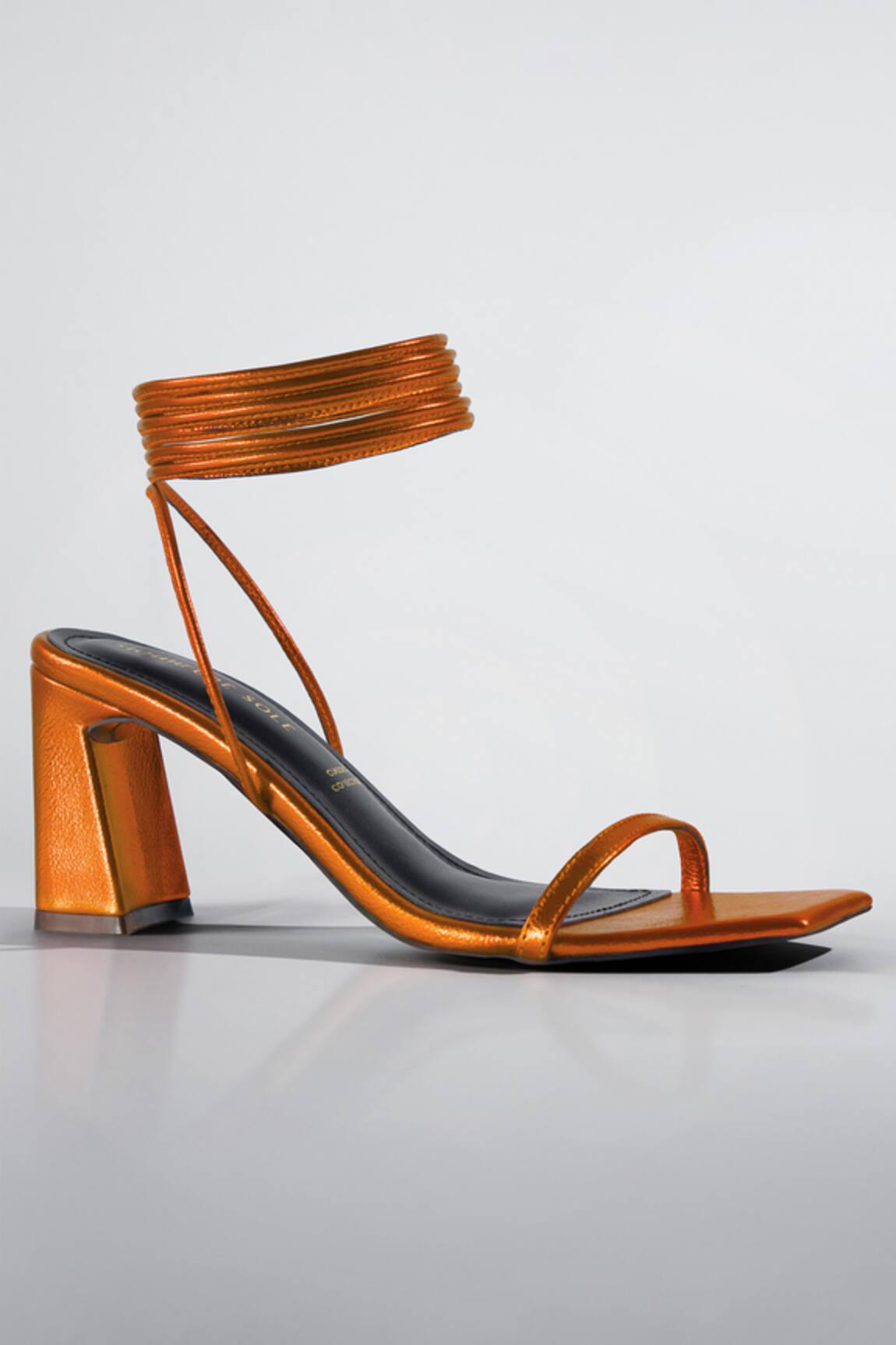 Signature Sole Molten Orange Metallic Wrap Block Heels 