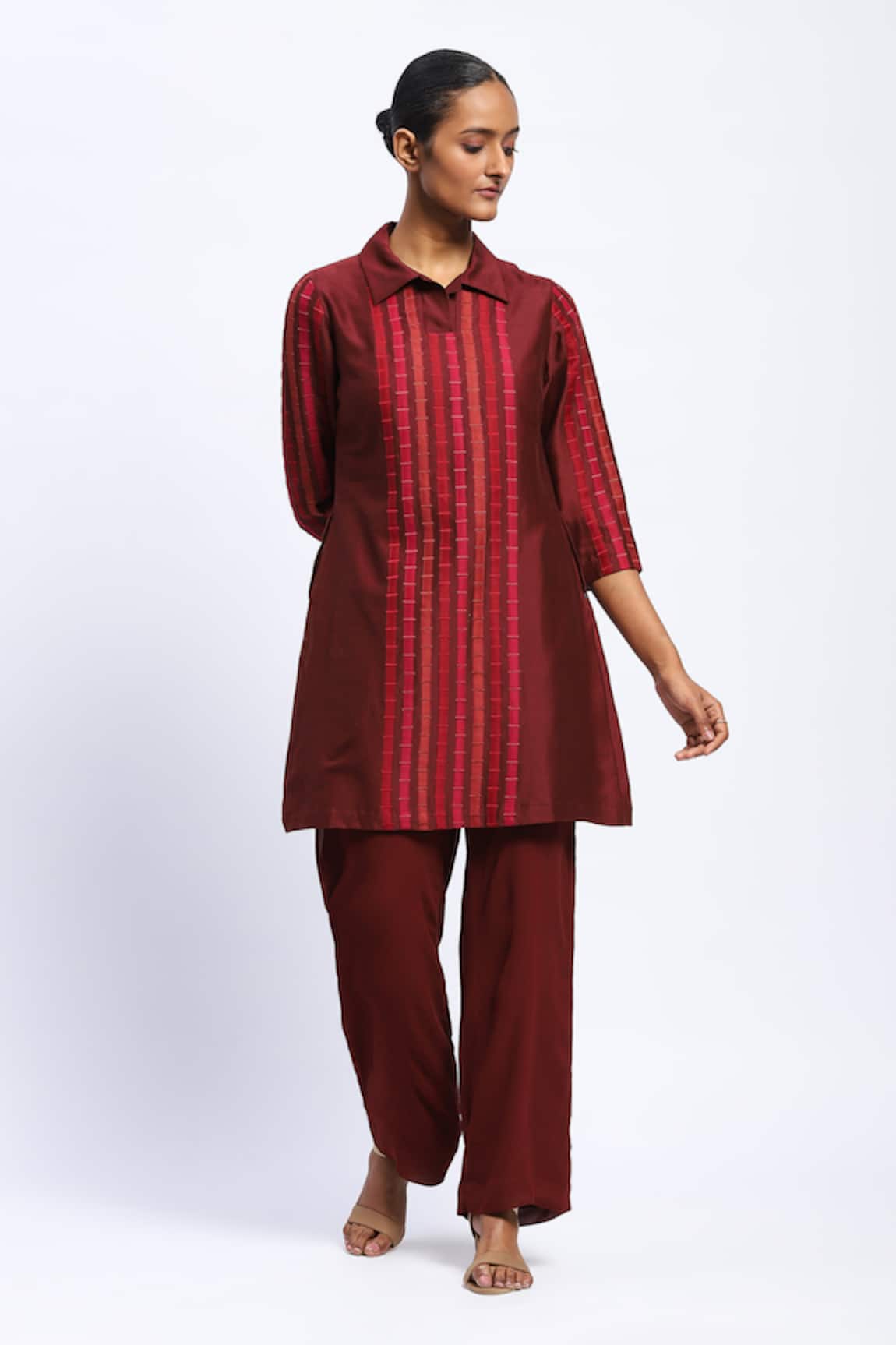 Abraham And Thakore Burgundy Applique Strips Kurta 