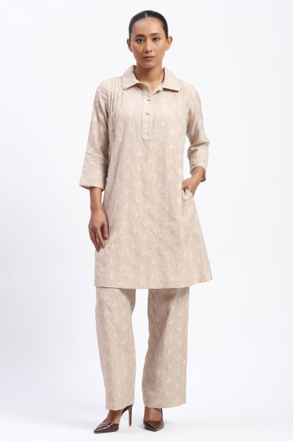 ABRAHAM AND THAKORE Bird Cutwork Chanderi Tunic 