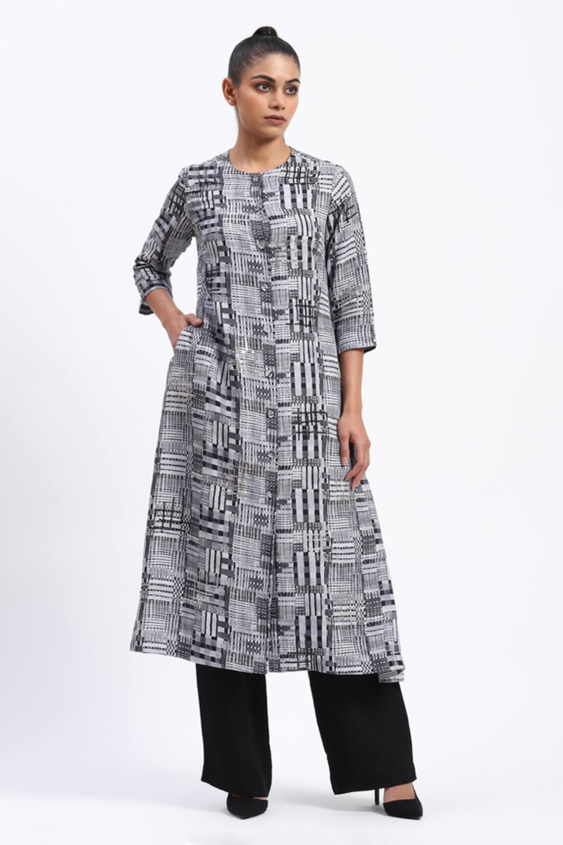ABRAHAM AND THAKORE Handpainted Checks Kurta 