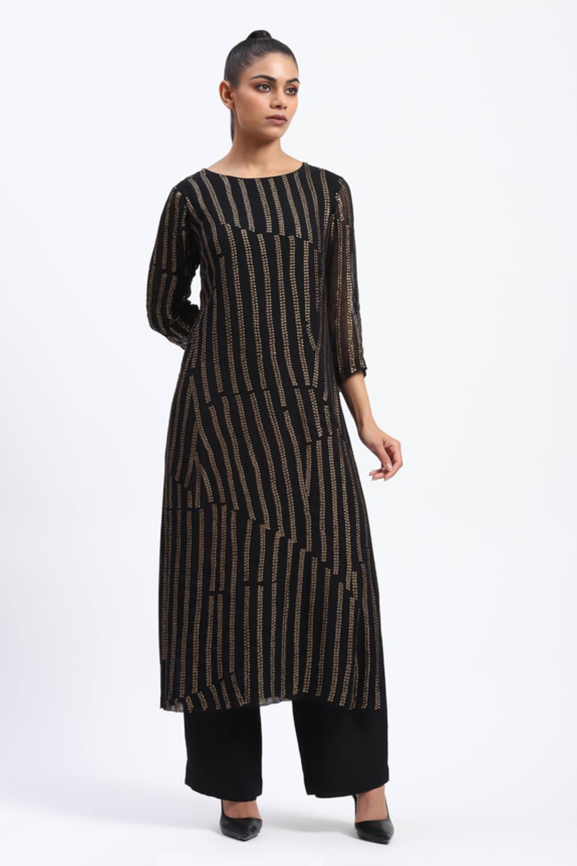 ABRAHAM AND THAKORE Black Broken Stripes Sequins Kurta 