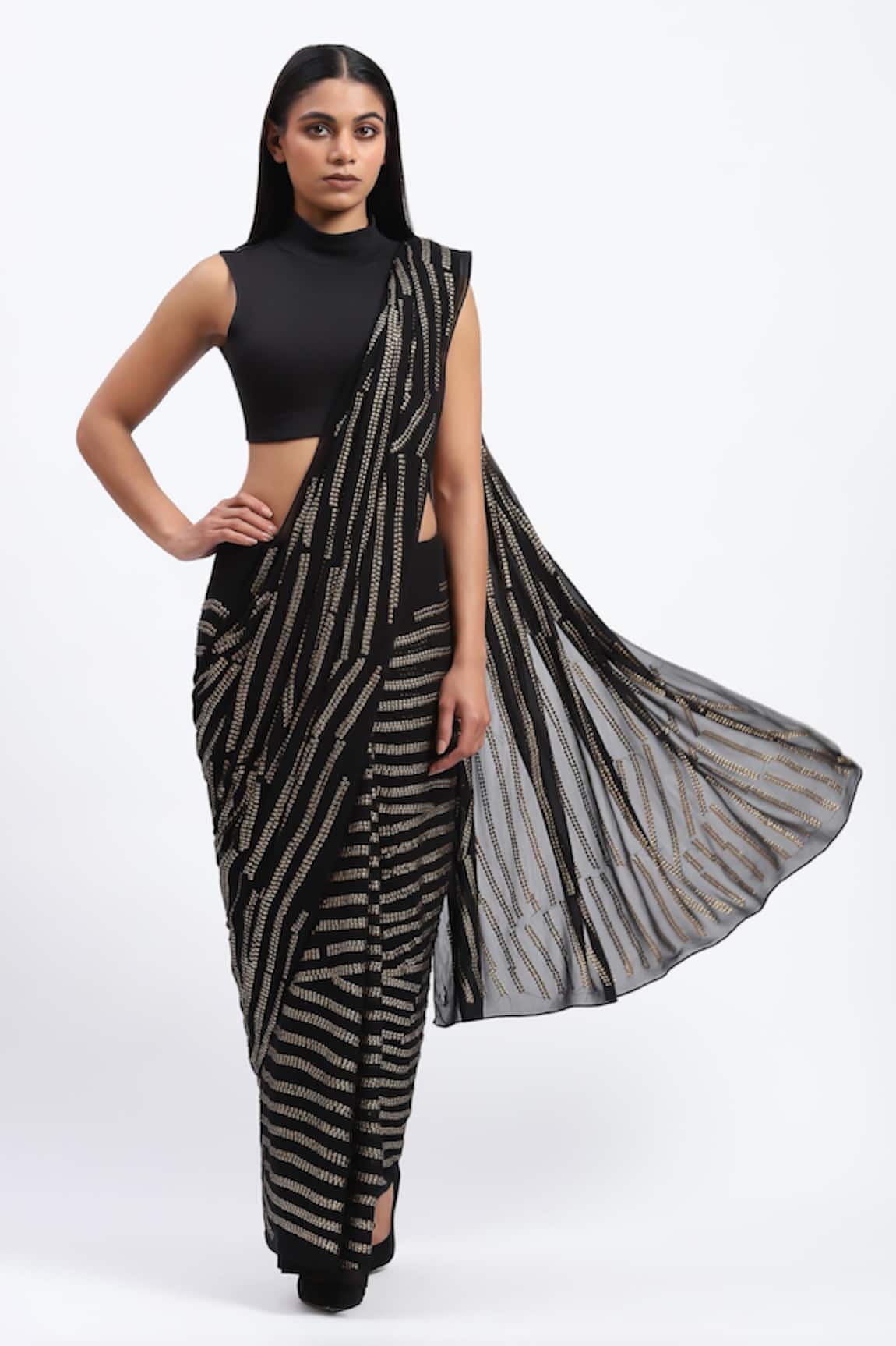 ABRAHAM AND THAKORE Black Broken Stripes Sequins Saree 