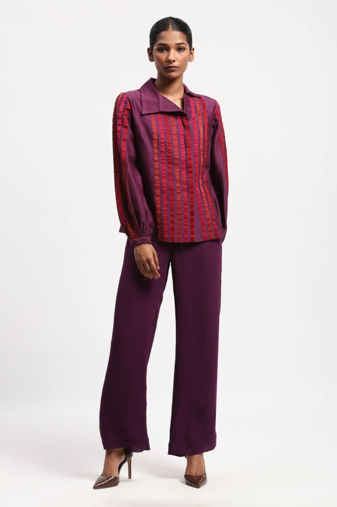 ABRAHAM AND THAKORE Applique Strips Chanderi Shirt 