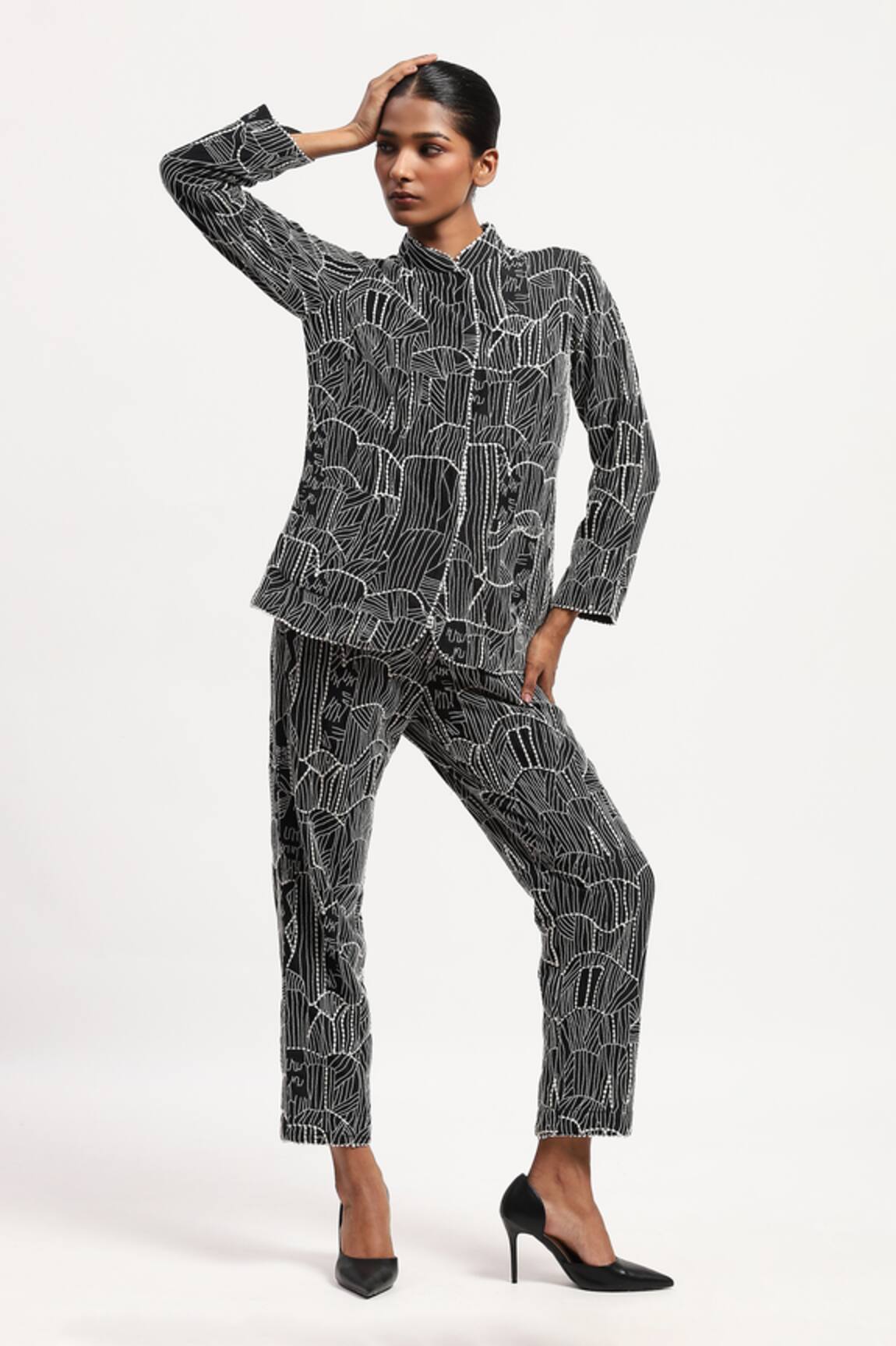ABRAHAM AND THAKORE Tribal Embroidery Black Shirt 